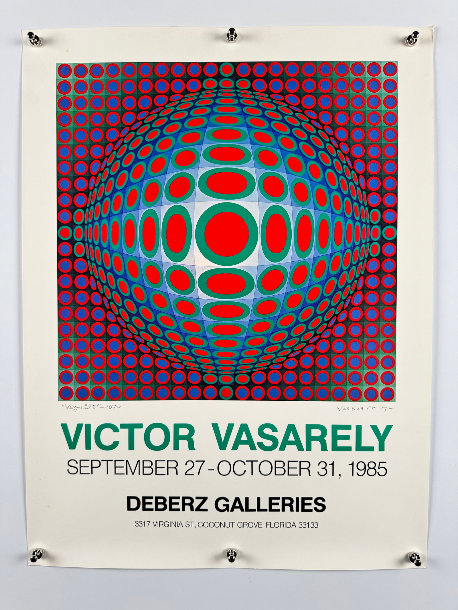 Victor Vasarely Vega 222 Deberz Galleries 1985 Op Art Exhibition Poster Graphic Design: Victor Vasarely (1906–1997) was a Hungarian-French artist widely celebrated as the leader and father of the Op Art (optical art) movement. This original 1985 exhibition poster published by Deberz Ga