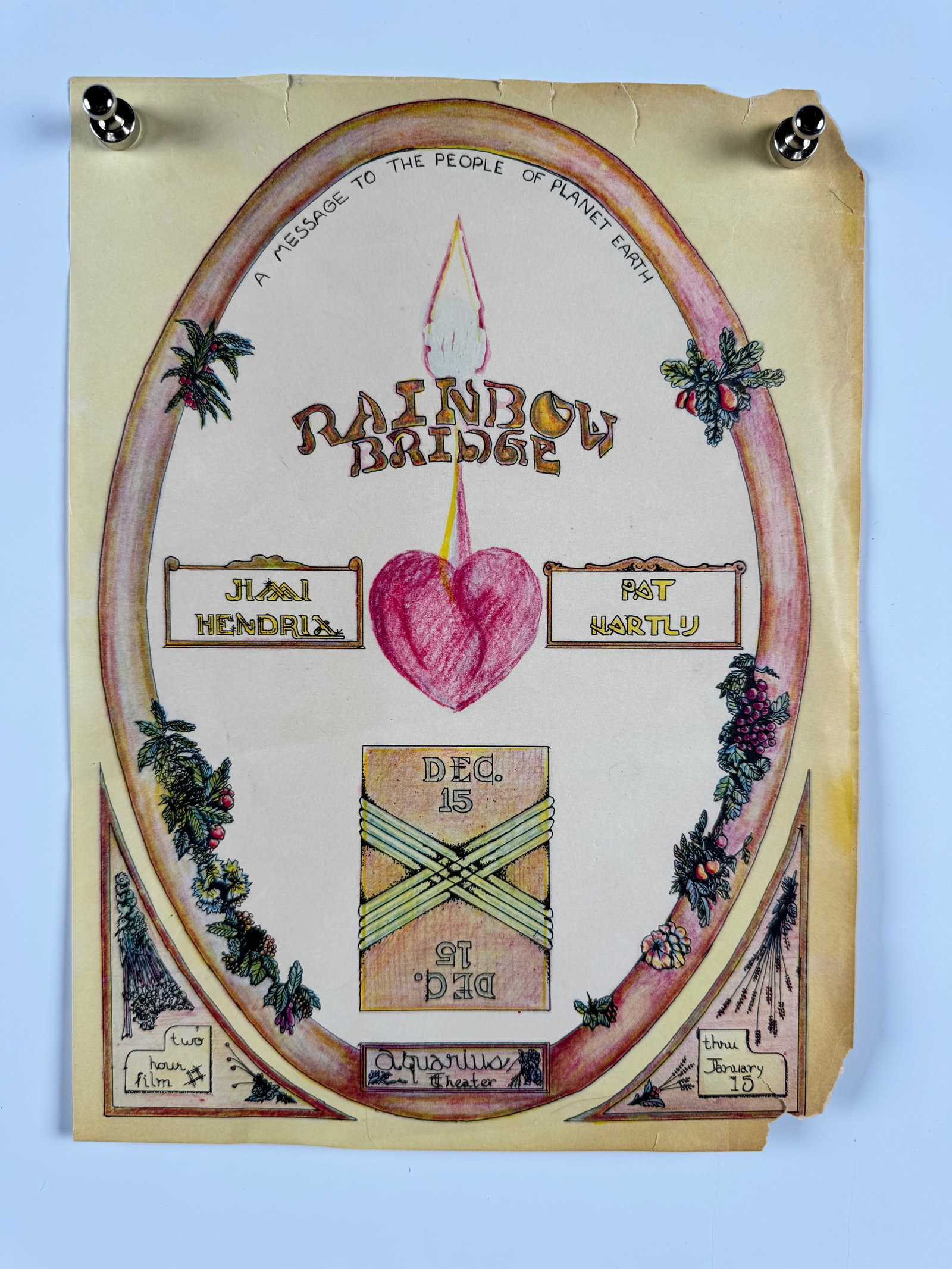 1971 Jimi Hendrix Rainbow Bridge Aquarius Theater Concert Film Promotional Handbill: Rainbow Bridge is a 1971 American documentary film directed by John Judone, featuring footage of rock guitarist Jimi Hendrix's final recorded live concert performances at Haleakala, Maui, Hawaii on Ju