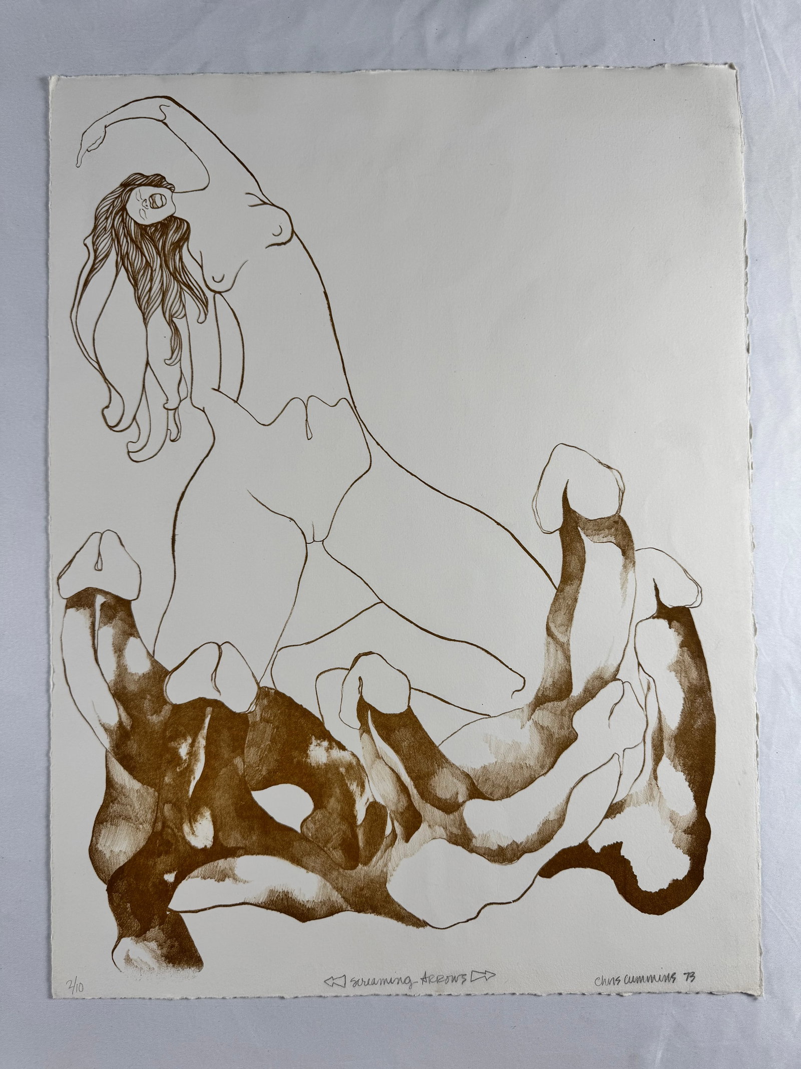 Chris Cummins Screaming Arrows 1973 Signed Numbered Limited Edition Erotic Art Print: Chris Cummins is a 20th-century graphic artist and illustrator. This original fine art print from the "screaming arrows" series, dated 1973, features a highly stylized and expressive minimalist line i