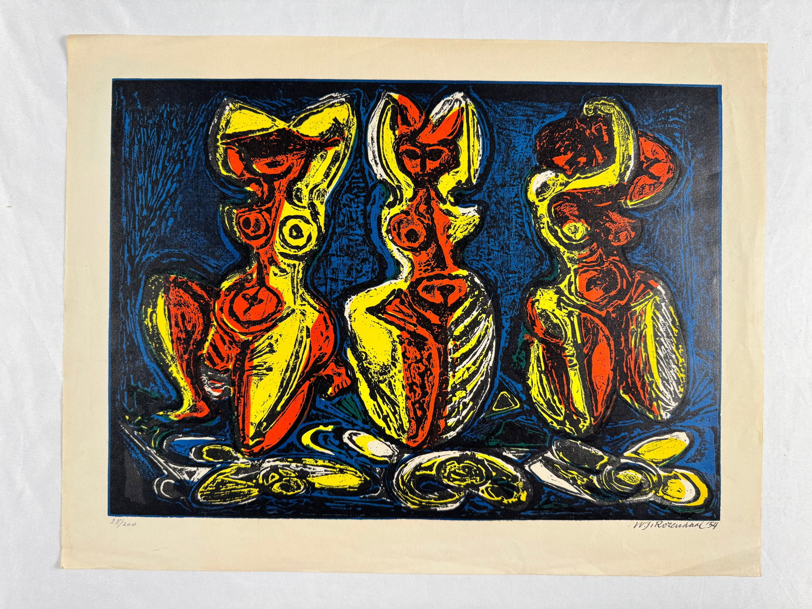 W.J. Rozendaal Three Stylized Nudes 1954 Signed Numbered Limited Edition Color Woodcut Print (1 of 6)
