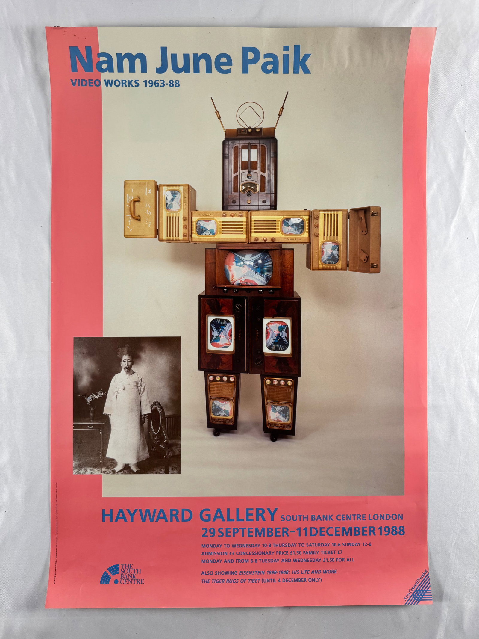 Nam June Paik Video Works 1963-88 Hayward Gallery London 1988 Exhibition Poster: Nam June Paik (1932–2006) was a pioneering South Korean-American artist widely recognized as the father of video art. This original 1988 exhibition poster was published by the South Bank Centre for 