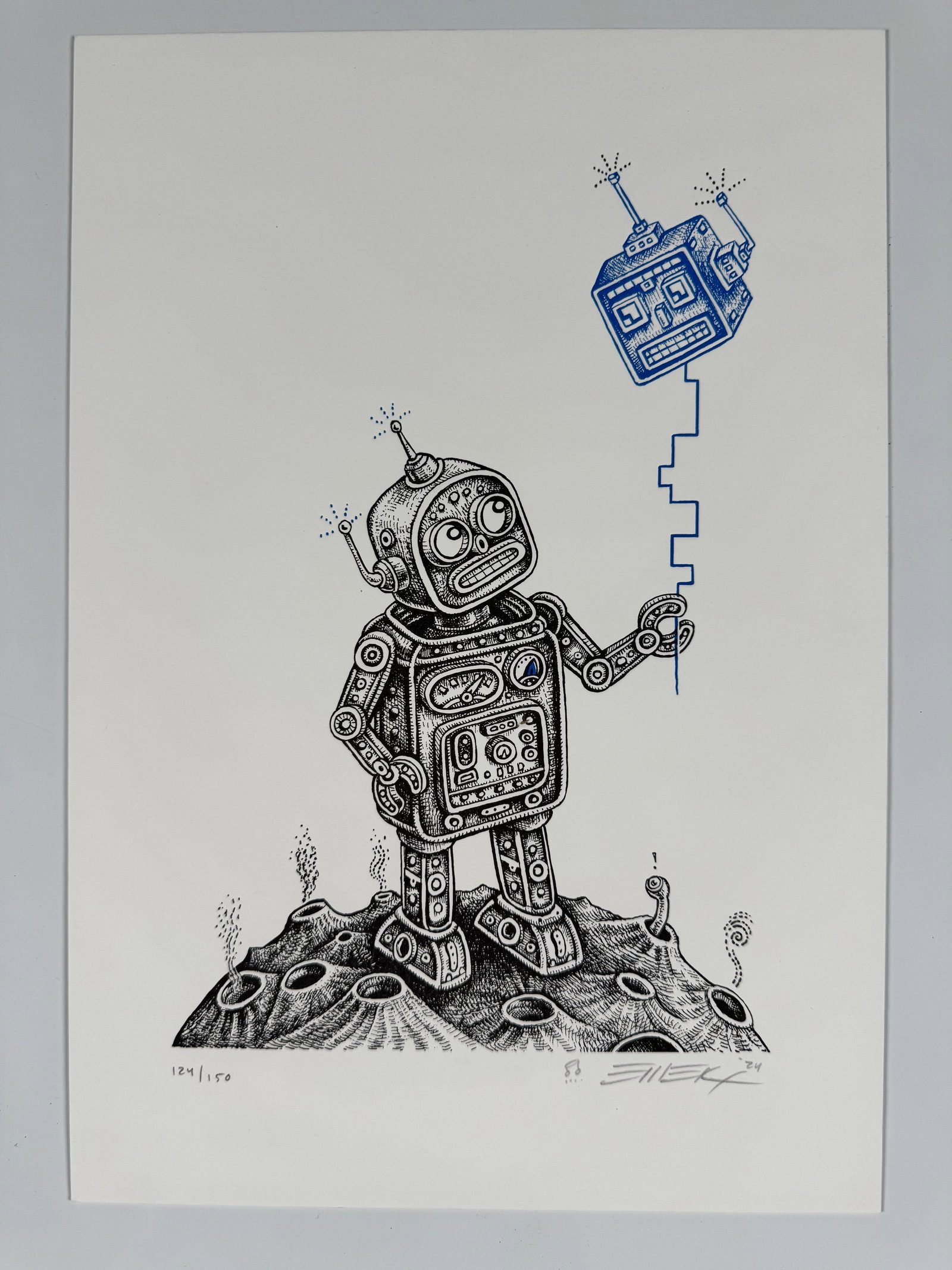 EMEK Balloon Friend Blue 2024 Signed Numbered Letterpress Mini Art Print (1 of 5)