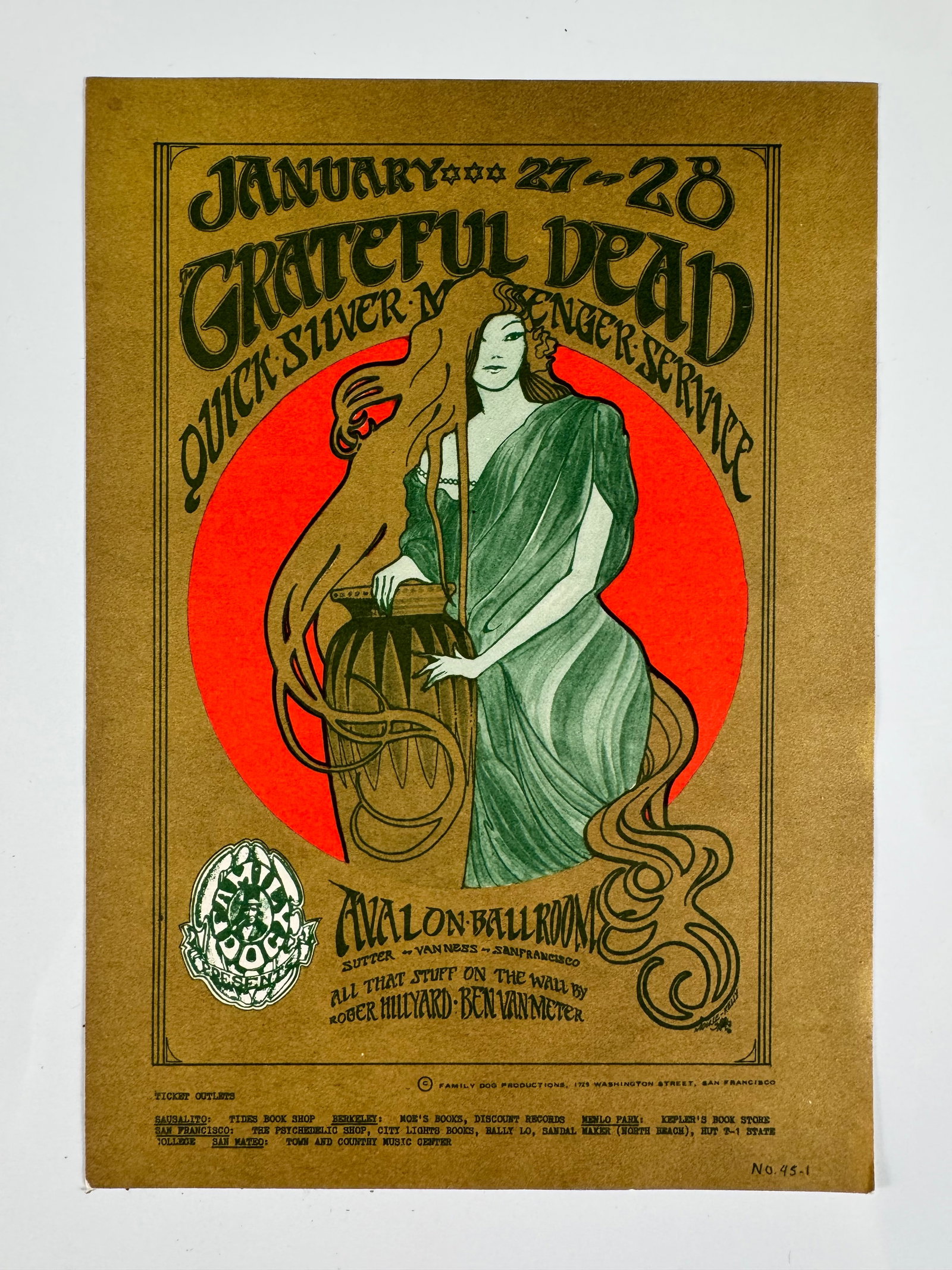 FD-45 Grateful Dead Quicksilver Messenger Service Avalon Ballroom 1967 Postcard Mouse Kelley: Original Family Dog FD-45 postcard advertising the Grateful Dead and Quicksilver Messenger Service at the Avalon Ballroom on January 27-28, 1967. Classic San Francisco psychedelic concert ephemera. Ba