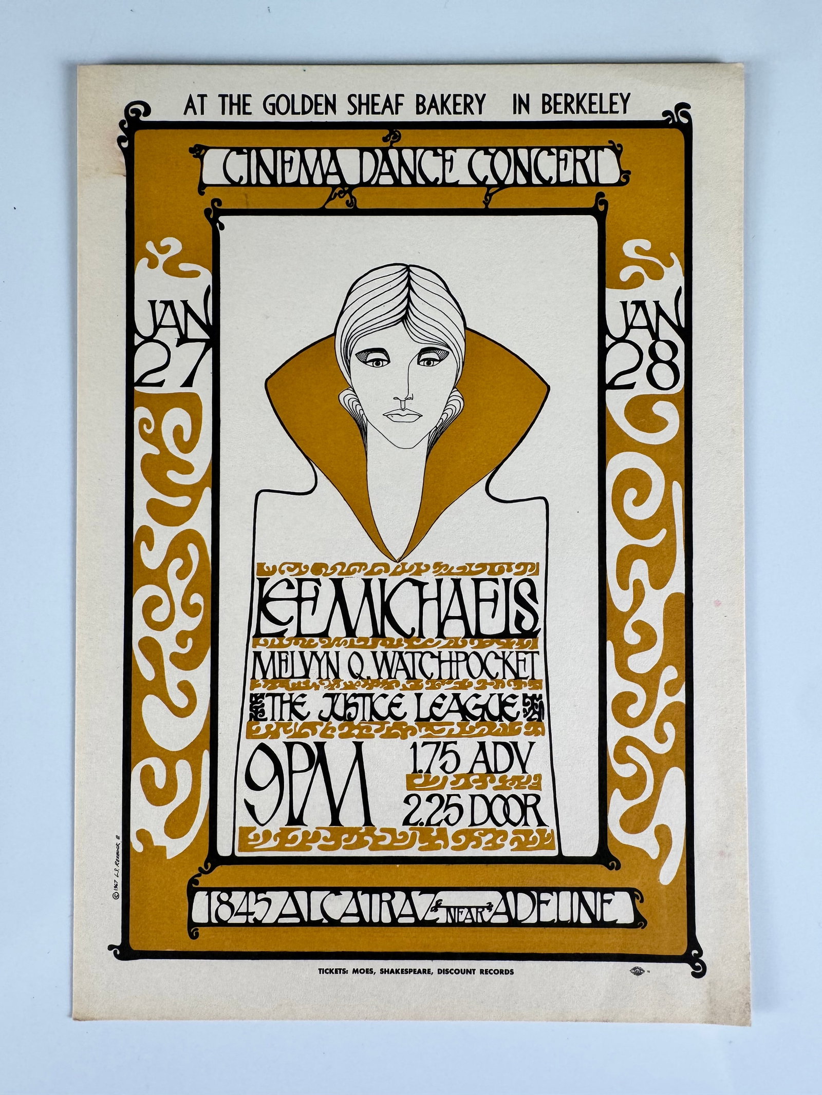 Lee Michaels Melvyn Q. Watchpocket Justice League Golden Sheaf Bakery 1967 Postcard: Original Golden Sheaf Bakery Cinema Dance Concert postcard advertising Lee Michaels, Melvyn Q. Watchpocket and The Justice League in Berkeley during January 1967. Scarce East Bay psychedelic music mem