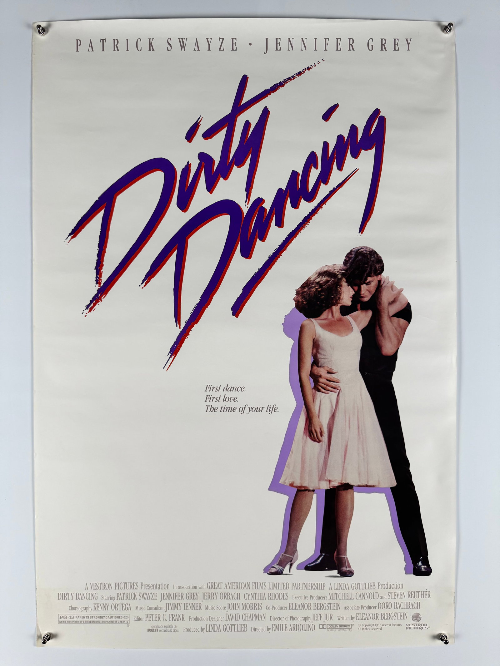 Dirty Dancing 1987 Original Movie Poster Patrick Swayze Jennifer Grey Vestron Pictures: Dirty Dancing is a 1987 American romantic drama dance film written by Eleanor Bergstein, directed by Emile Ardolino, and starring Patrick Swayze and Jennifer Grey in the leading roles.