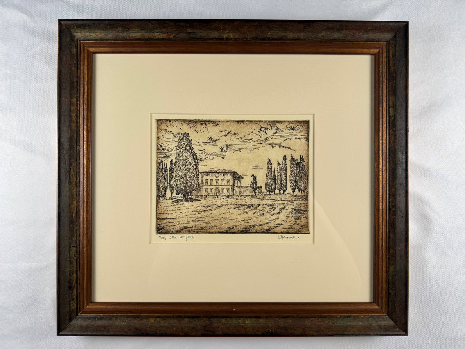 E.J. Pannini Villa Campestri Signed Numbered 7/75 Framed Etching Tuscany Italy: The artwork depicts the Villa Campestri, a historic Renaissance manor house in the Tuscan countryside of Italy, now operating as an olive oil resort.