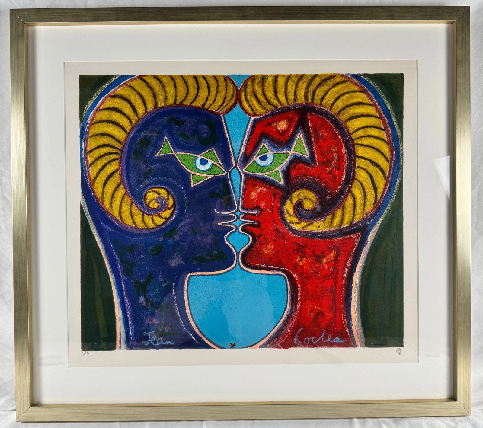 Jean Cocteau Double Face c.1960 Signed Numbered Color Lithograph Ram Profiles: Color lithograph titled Double Face (also known as 2 Profiles Face to Face or The Ram) by Jean Cocteau, created circa 1960. The composition features mirrored profiles with stylized ram horns and fish-