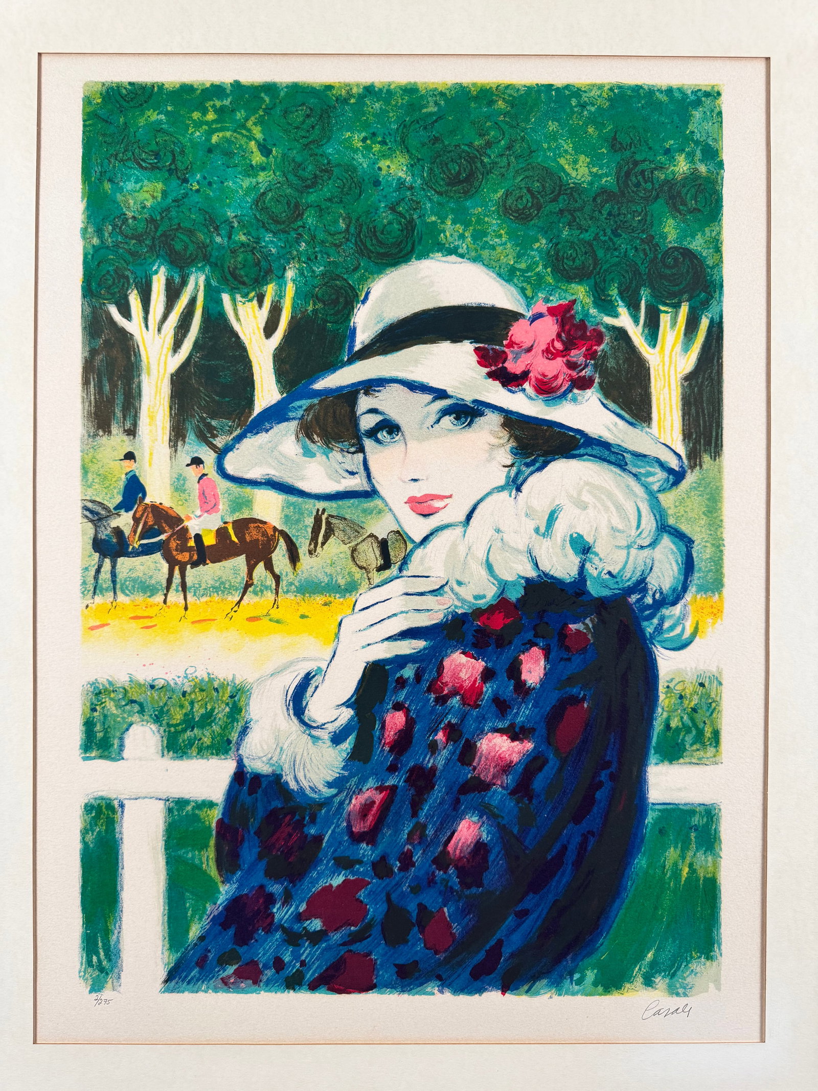 Amadeu Casals Pons Lady at the Races Signed Numbered Spanish Limited Edition Print: Limited edition print by Amadeu Casals Pons depicting a woman in a hat with equestrian scene in background. Hand numbered 2/275 with artist signature visible lower right.