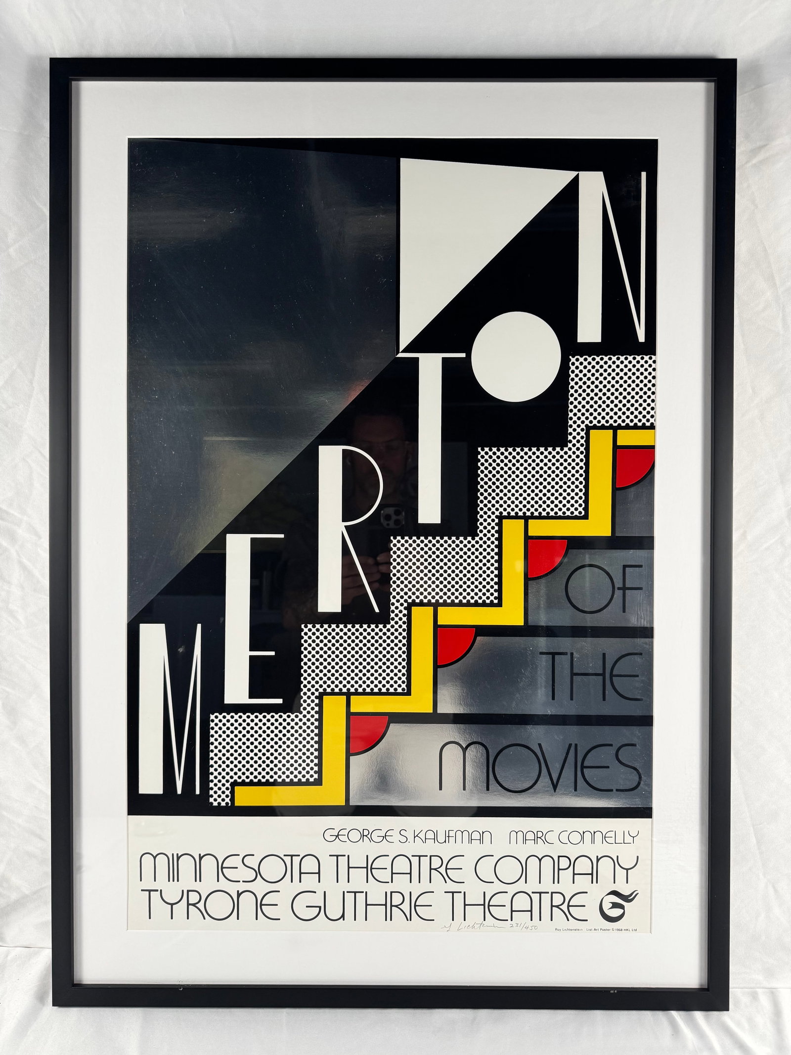 Roy Lichtenstein Merton of the Movies 1968 Signed Numbered Screenprint Silver Foil Poster: Original 1968 color screenprint by Roy Lichtenstein titled Merton of the Movies, created to promote the Tyrone Guthrie Theatre production of the Kaufman and Connelly play. Printed on silver foil paper