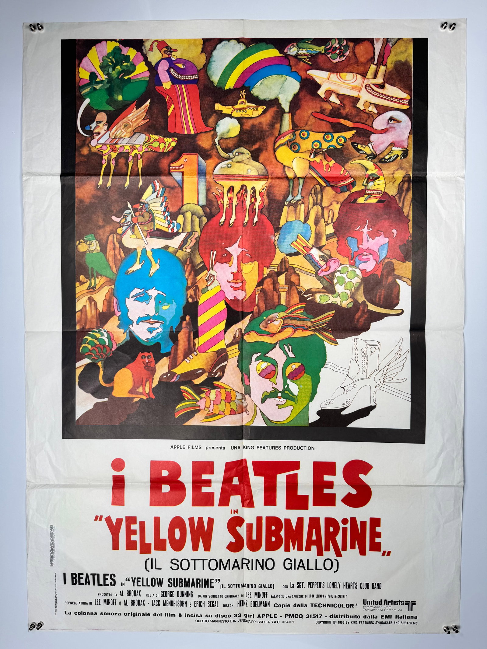 Yellow Submarine 1968 Original Italian 2 Fogli Movie Poster Beatles Dunning Animation: Original Italian 2 Fogli movie poster for the 1968 animated musical film *Yellow Submarine* starring The Beatles. Printed for the film's Italian theatrical release. Measures approximately 39 x 55 inch