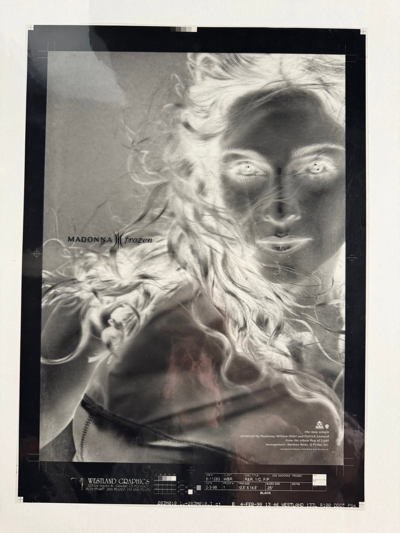 Madonna Frozen 1998 Westland Graphics Production Separations Film Artwork: Madonna born 1958 is an American singer, songwriter, and actress referred to as the Queen of Pop. Her 1998 single Frozen, from her acclaimed seventh studio album Ray of Light, was heavily promoted wit