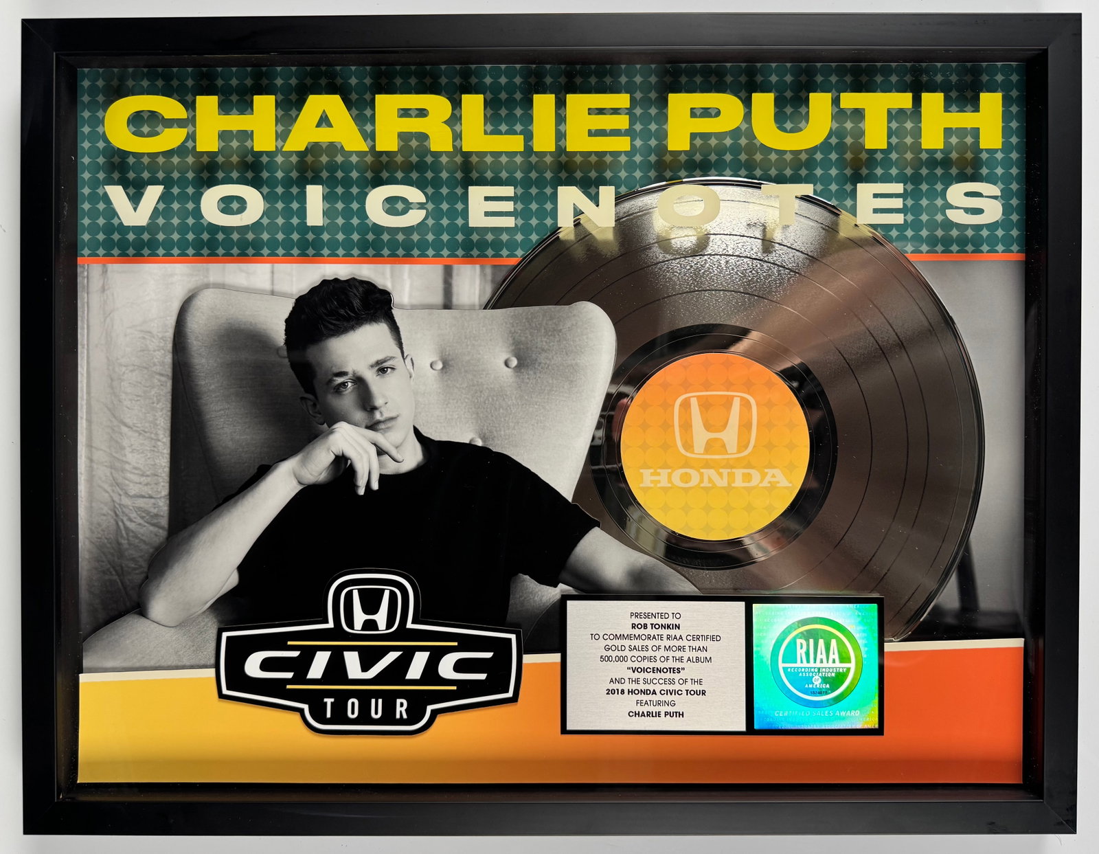 Charlie Puth Voicenotes 2018 Honda Civic Tour RIAA Gold Record Sales Award Display (1 of 6)