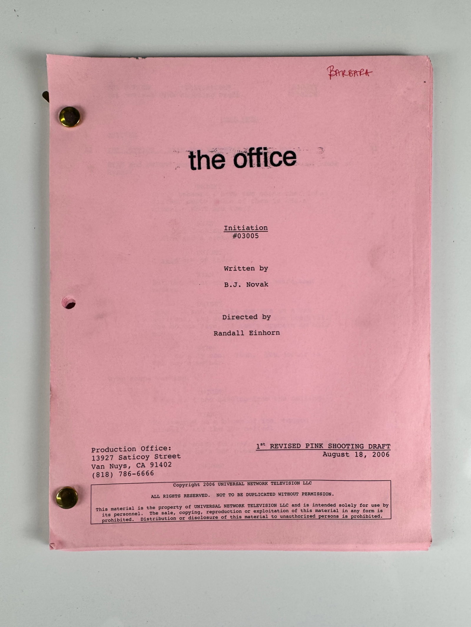 The Office Initiation 2006 TV Script B.J. Novak Steve Carell NBC: The Office episode Initiation is the fifth episode of the third season of the NBC comedy series. Written by series writer and actor B.J. Novak and directed by Randall Einhorn, the broadcast performanc