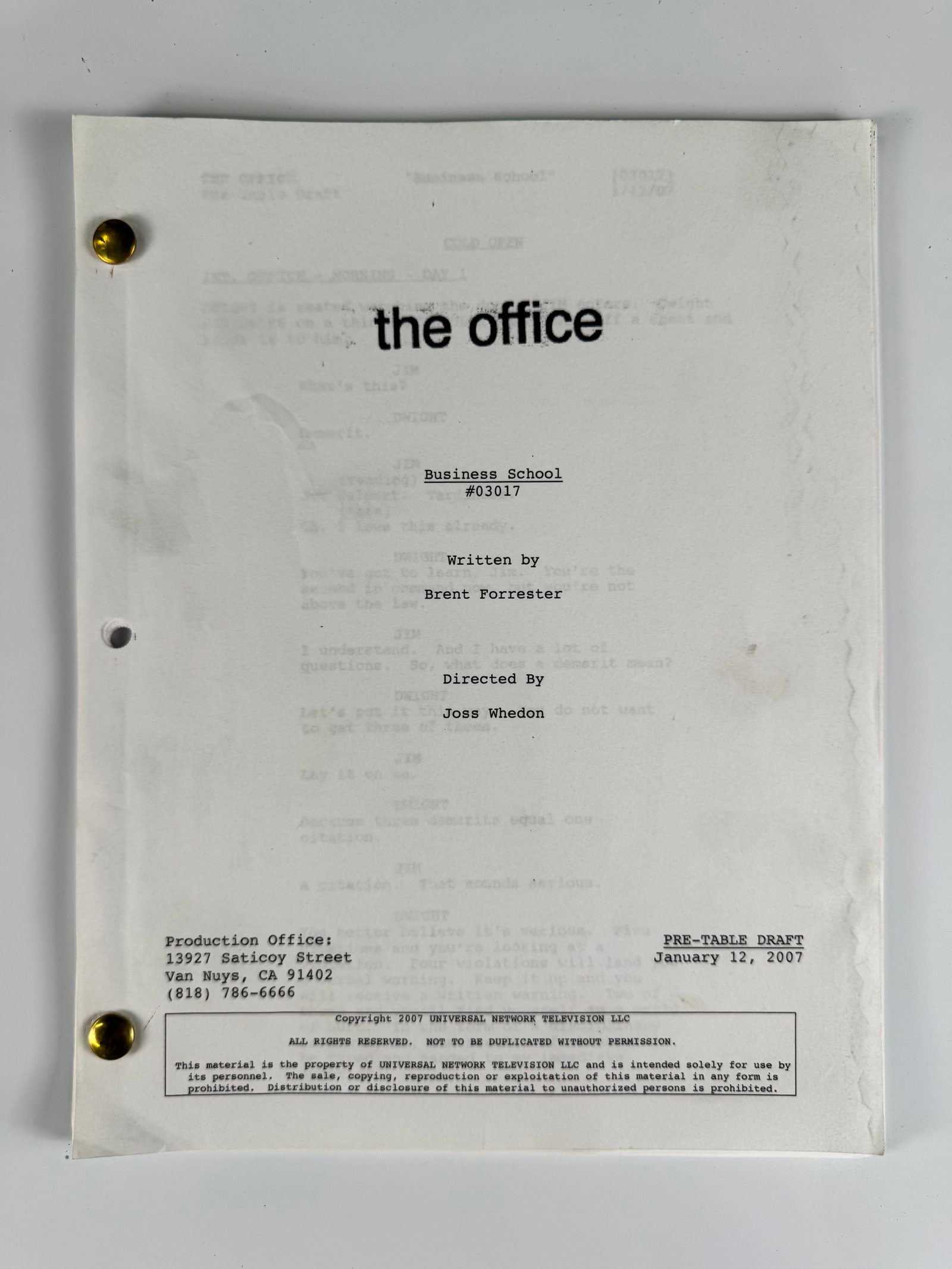The Office Business School 2007 TV Script Joss Whedon Steve Carell NBC: The Office episode Business School is the seventeenth episode of the third season of the NBC comedy series. Written by Brent Forrester and directed by guest director Joss Whedon, the broadcast perform