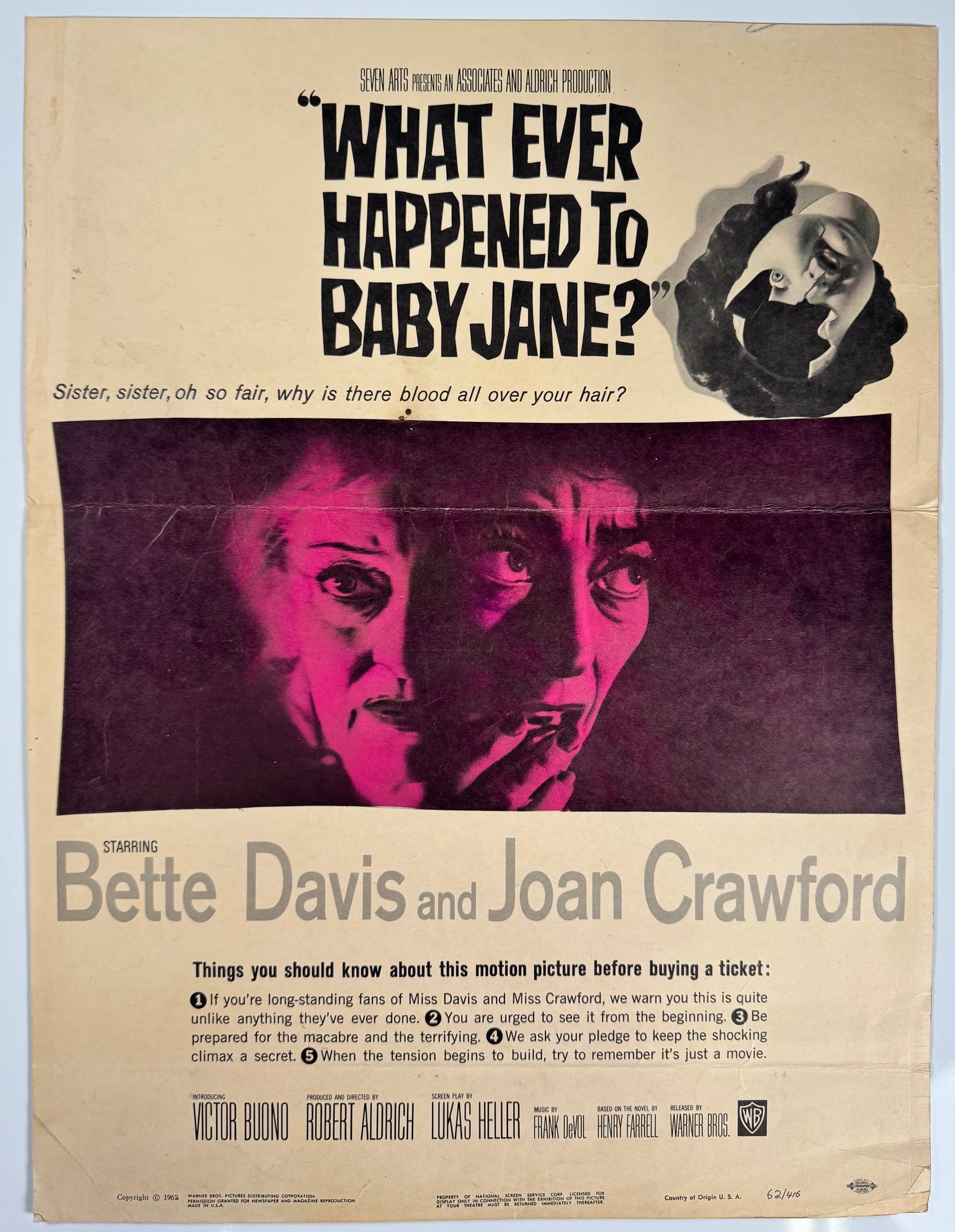 1962 What Ever Happened to Baby Jane US Trimmed Window Card Bette Davis Joan Crawford (1 of 6)