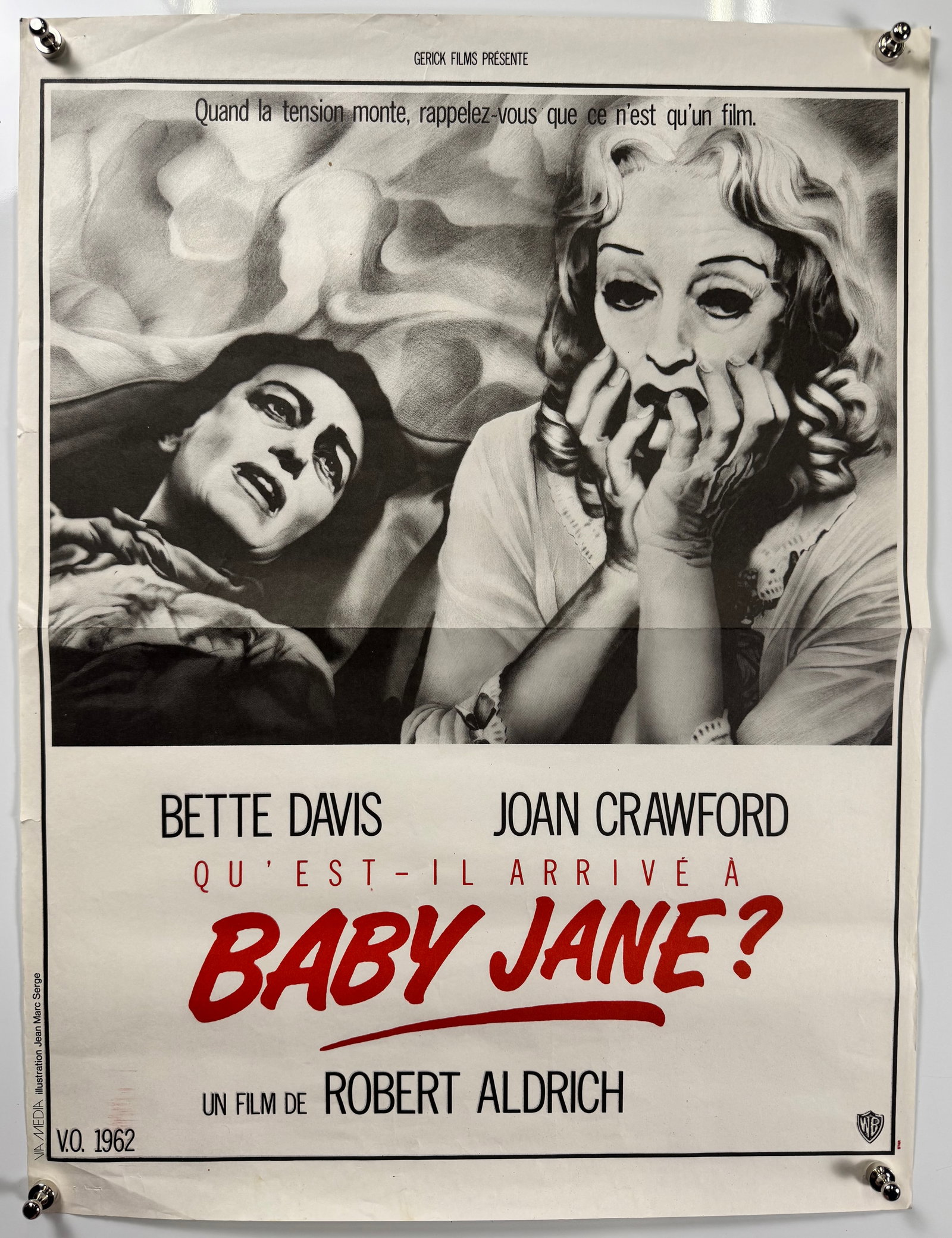 c.1980 What Ever Happened to Baby Jane French Gerick Films Re-Release Movie Poster: What Ever Happened to Baby Jane is a 1962 American psychological thriller film produced and directed by Robert Aldrich, starring Bette Davis and Joan Crawford. The film was adapted by Lukas Heller fro