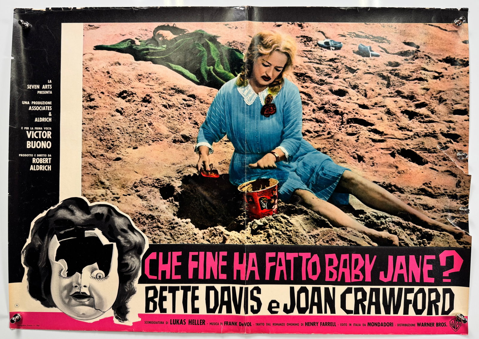 1962 What Ever Happened to Baby Jane Italian Fotobusta Beach Scene Movie Poster: What Ever Happened to Baby Jane is a 1962 American psychological thriller film produced and directed by Robert Aldrich, starring Bette Davis and Joan Crawford. The film was adapted by Lukas Heller fro