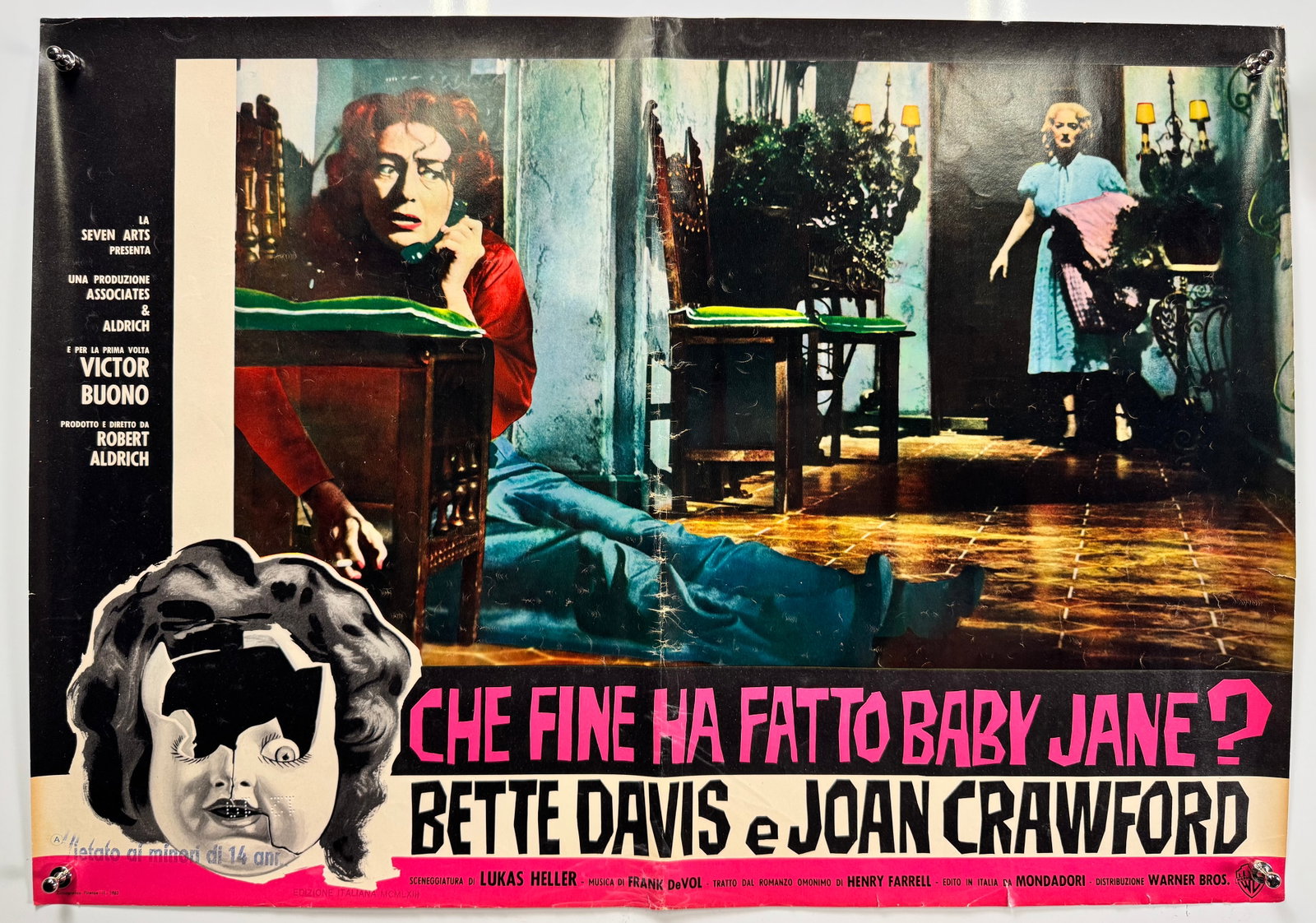 1962 What Ever Happened to Baby Jane Italian Fotobusta Hallway Scene Movie Poster: What Ever Happened to Baby Jane is a 1962 American psychological thriller film produced and directed by Robert Aldrich, starring Bette Davis and Joan Crawford. The film was adapted by Lukas Heller fro