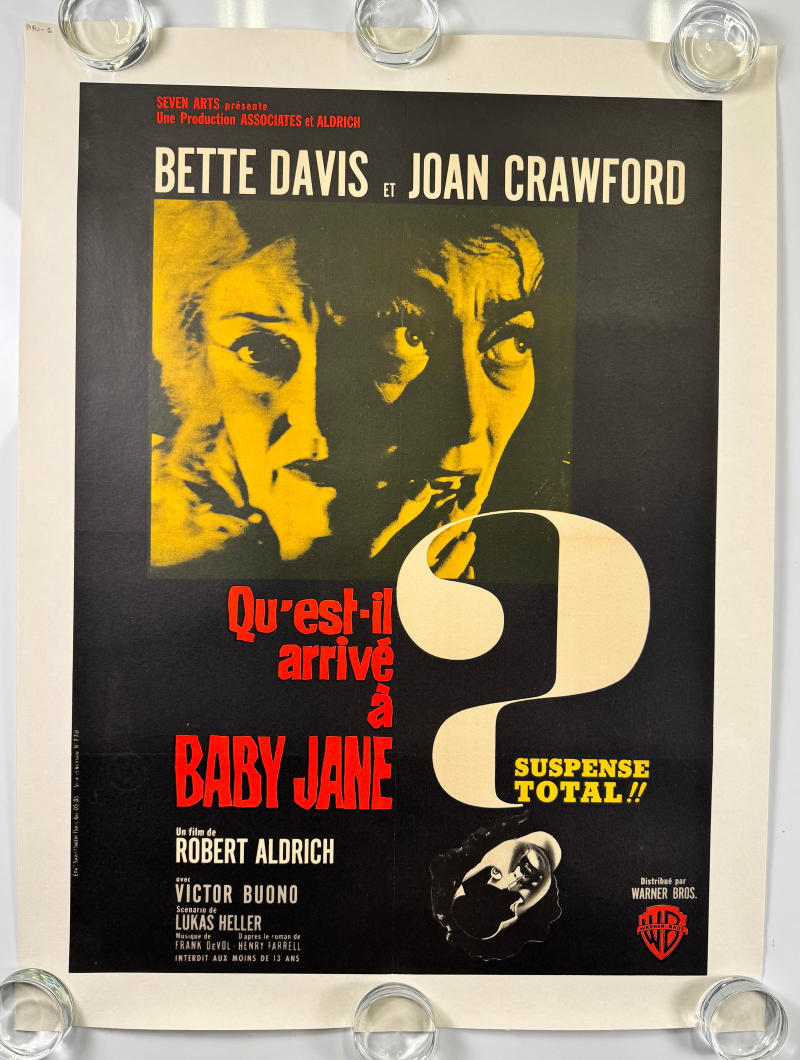 1962 What Ever Happened to Baby Jane French Moyen Linen-Backed Movie Poster Yellow Tint (1 of 5)