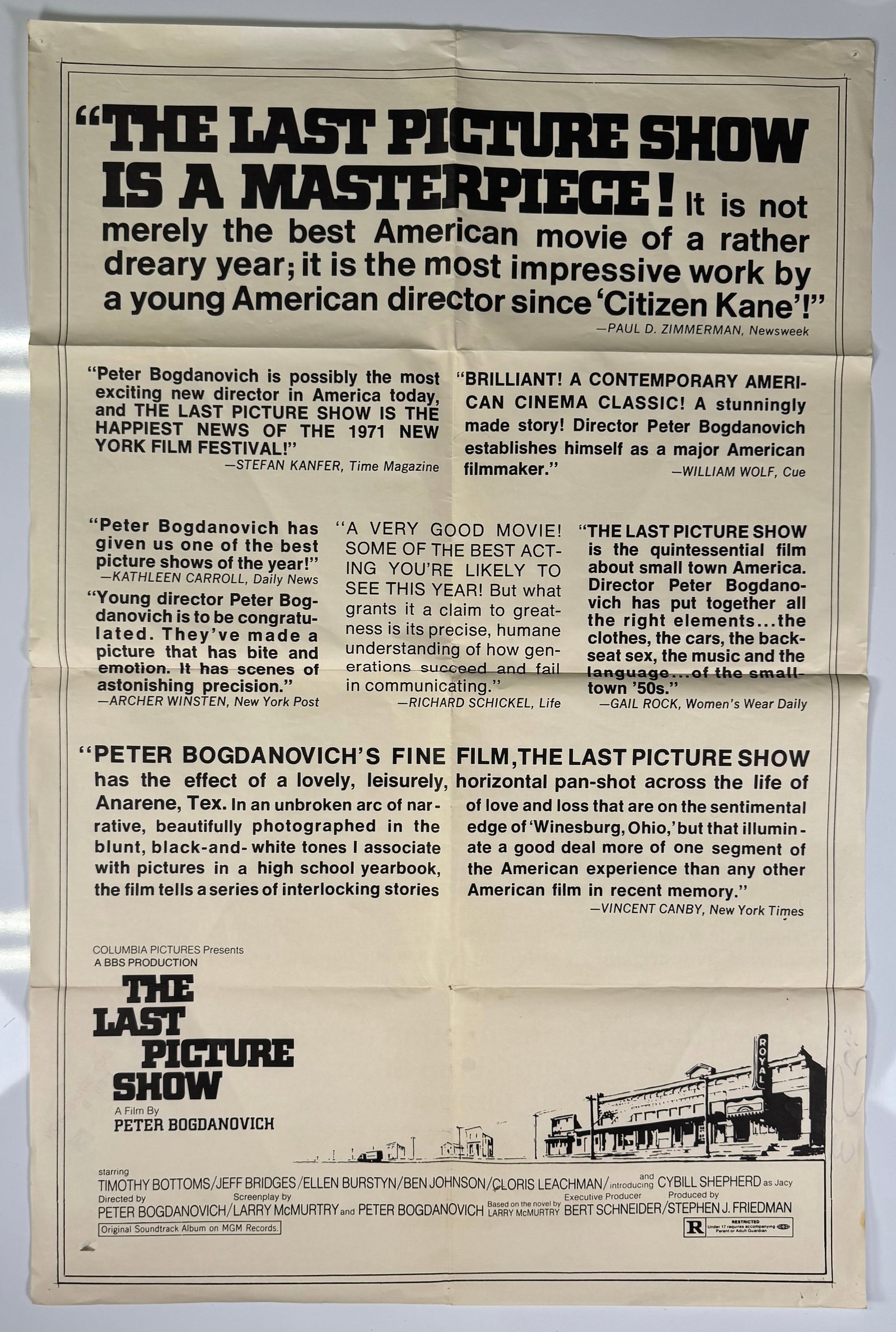 The Last Picture Show 1971 Original US Review Style Movie Poster Peter Bogdanovich: Original US Review Style one sheet movie poster for The Last Picture Show (1971), directed by Peter Bogdanovich and adapted from the novel by Larry McMurtry. The acclaimed drama stars Timothy Bottoms,