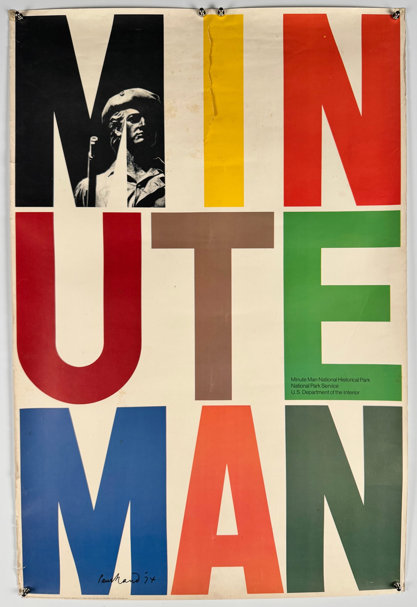 Paul Rand Minute Man National Historical Park 1974 Design Poster: Paul Rand 1914 to 1996 was an American art director and graphic designer best known for his iconic corporate logo designs, including IBM, UPS, Enron, Westinghouse, and ABC. He was a major proponent of