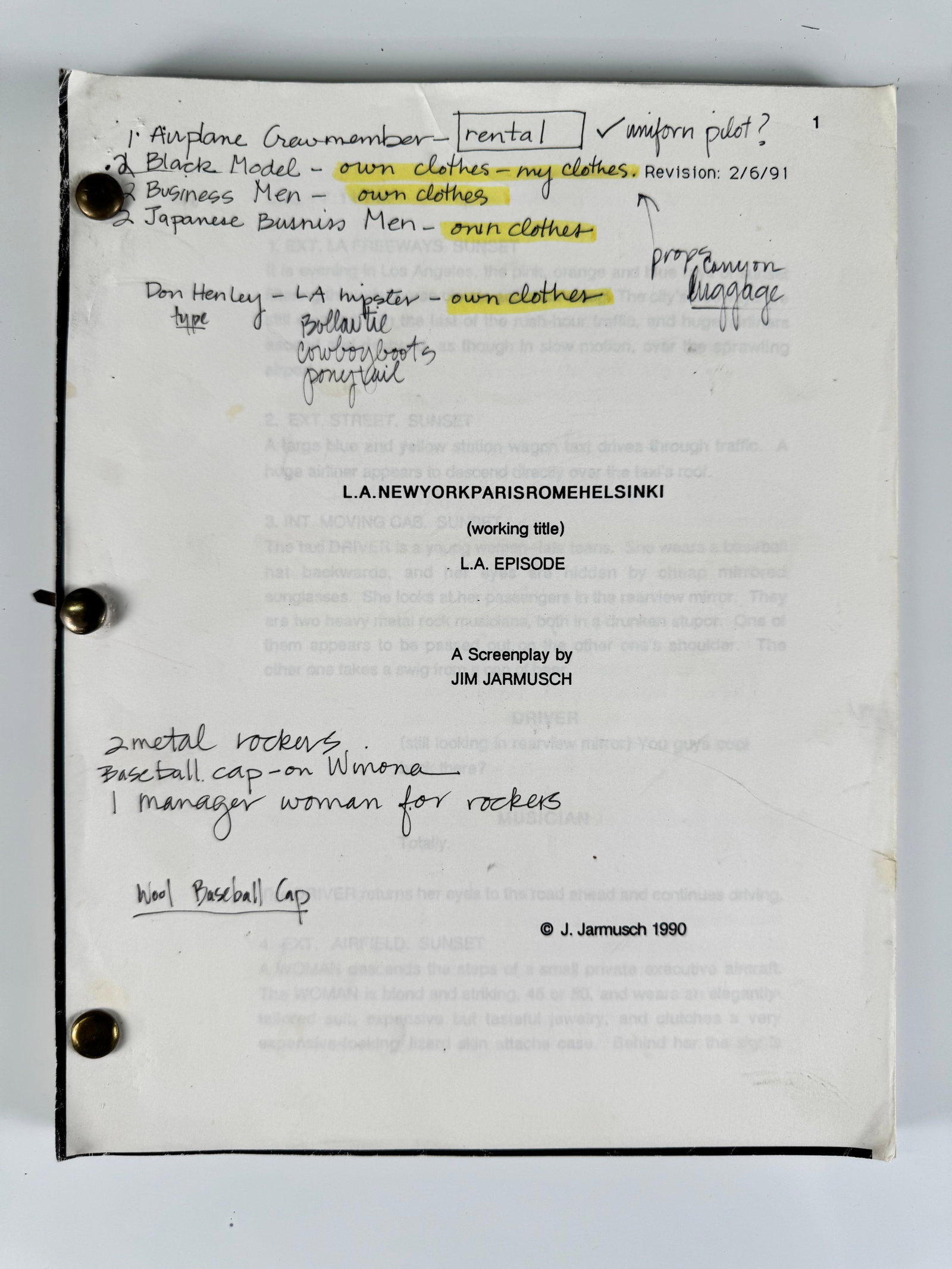 Night on Earth 1990 Working Title LA Episode Screenplay Jim Jarmusch (1 of 6)