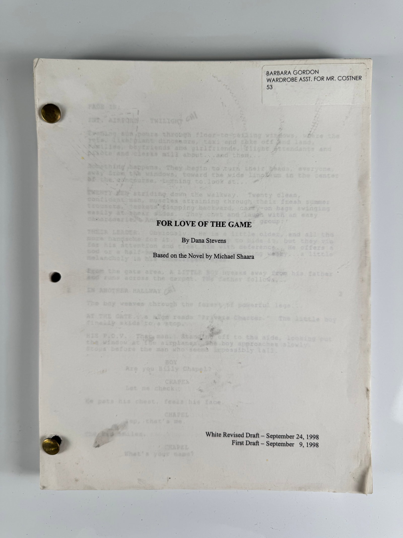 For Love of the Game 1998 Original Film Script Sam Raimi Kevin Costner: For Love of the Game is a 1999 sports drama film directed by Sam Raimi and adapted by Dana Stevens from Michael Shaara's 1991 novel. Universal Pictures and Beacon Communications produced the baseball 