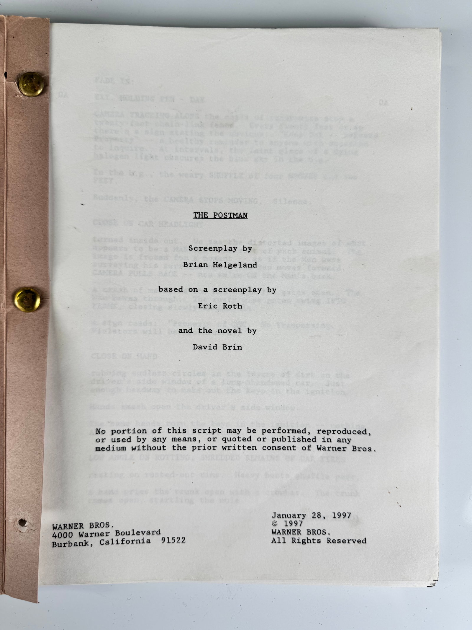 The Postman 1997 Warner Bros Original Film Script Kevin Costner: The Postman is a 1997 post-apocalyptic film directed by and starring Kevin Costner, based on David Brin's 1985 novel. The screenplay was co-written by Brian Helgeland and Eric Roth, and the cinematic 