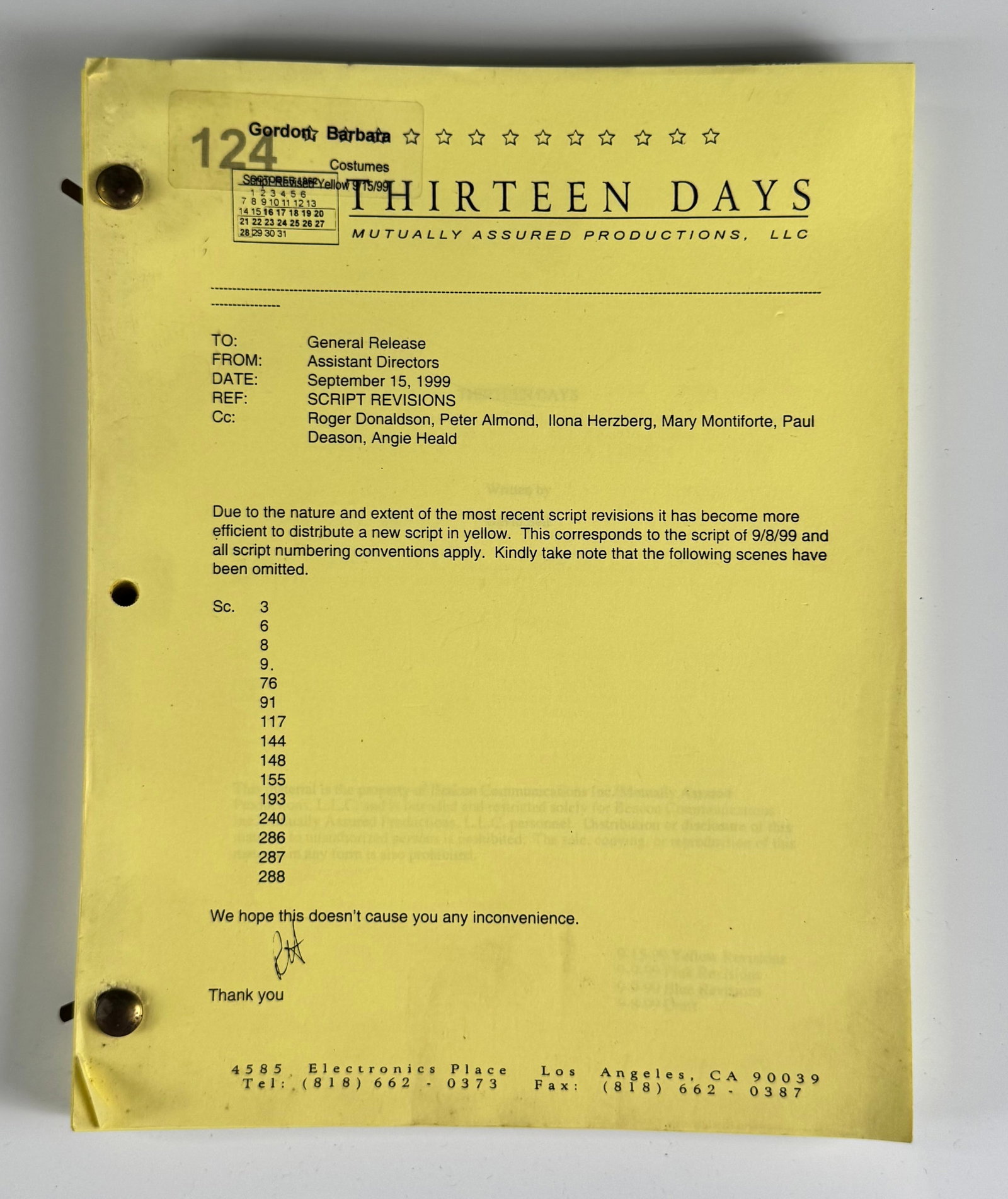 Thirteen Days 2000 Original Film Script Kevin Costner Roger Donaldson: Thirteen Days is a 2000 historical political thriller film directed by Roger Donaldson and written by David Self. Produced by Beacon Communications and distributed by New Line Cinema, the work dramati