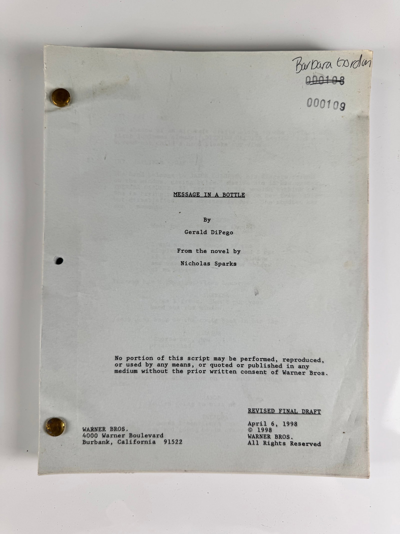 Message in a Bottle 1998 Original Film Script Kevin Costner: Message in a Bottle is a 1999 romantic drama film directed by Luis Mandoki and written by Gerald Di Pego. The narrative represents a direct cinematic adaptation of the 1998 novel by Nicholas Sparks, p