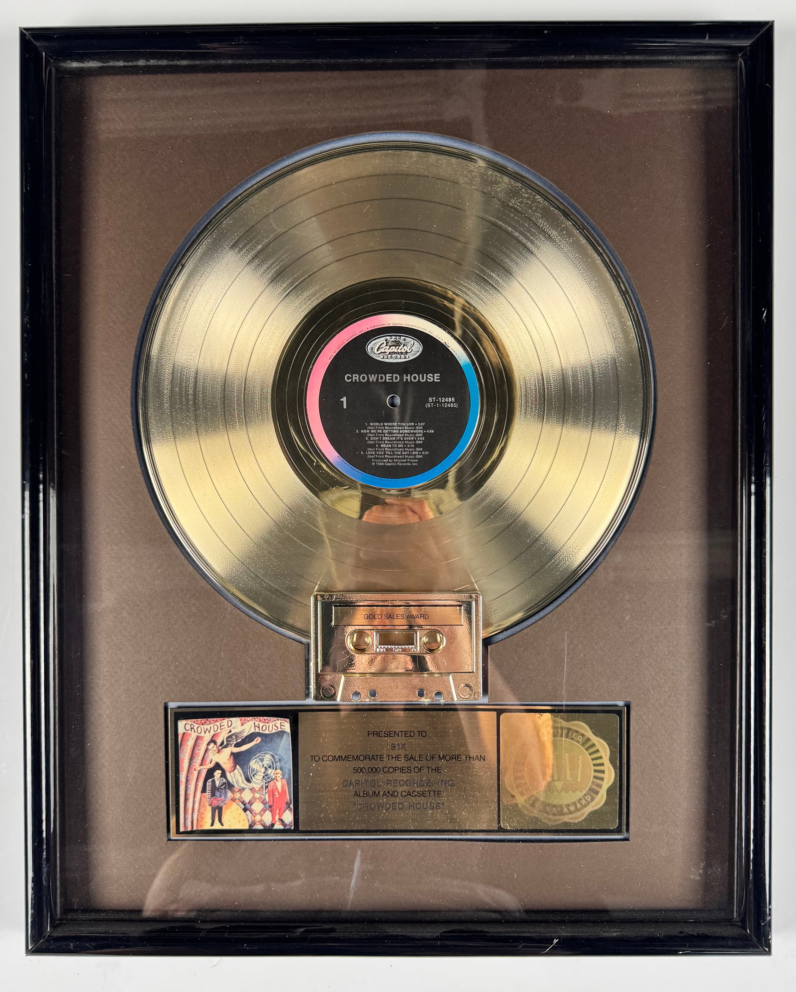 Crowded House Self-Titled Capitol Records RIAA Gold Record Sales Award Display (1 of 7)