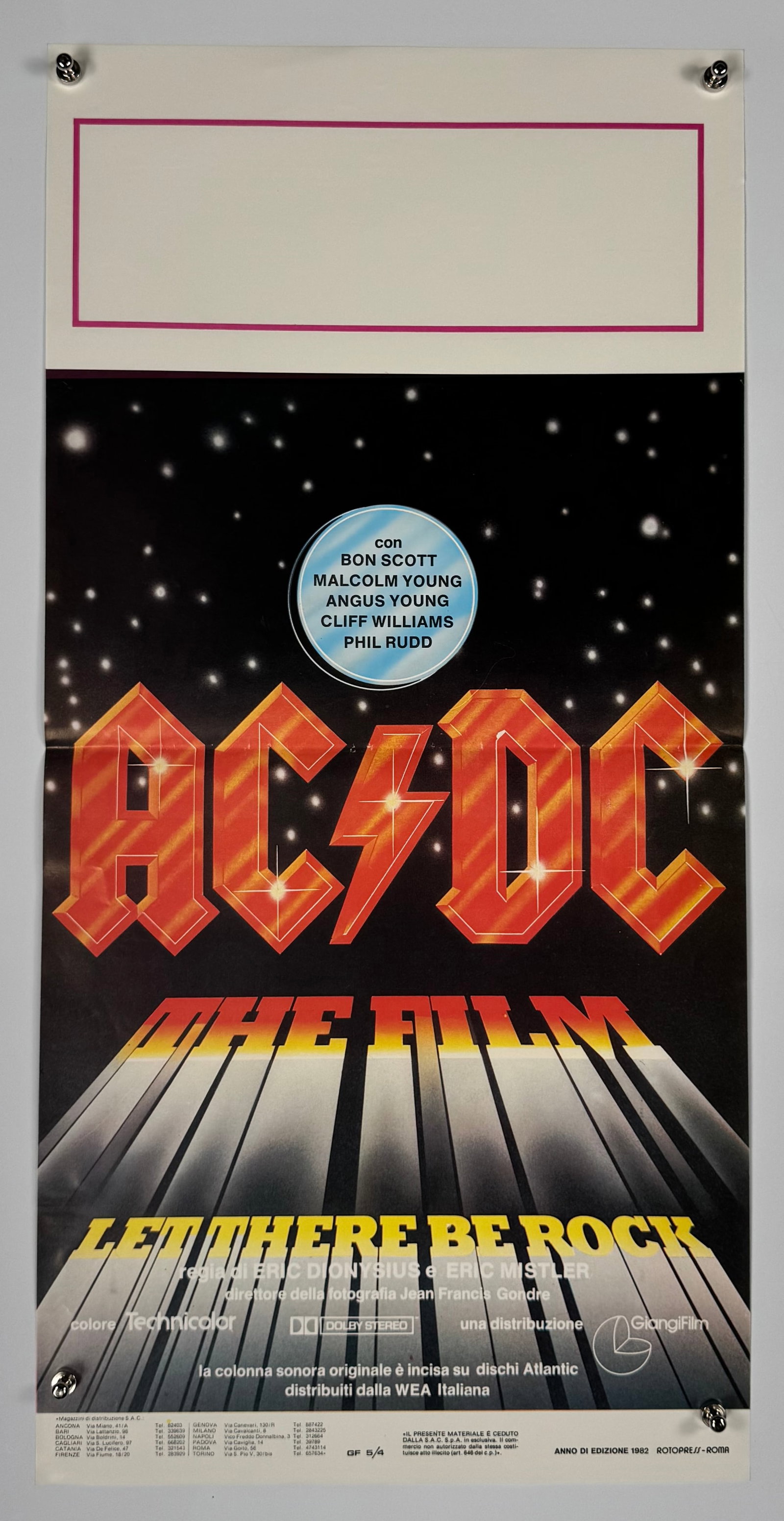 AC/DC Let There Be Rock 1980 Original Italian Locandina Concert Film Poster Bon Scott Angus Young: Original Italian Locandina poster for the 1980 concert film *AC/DC: Let There Be Rock*. The film documents AC/DC's 1979 performances in Paris featuring Bon Scott, Angus Young, Malcolm Young, Cliff Wil