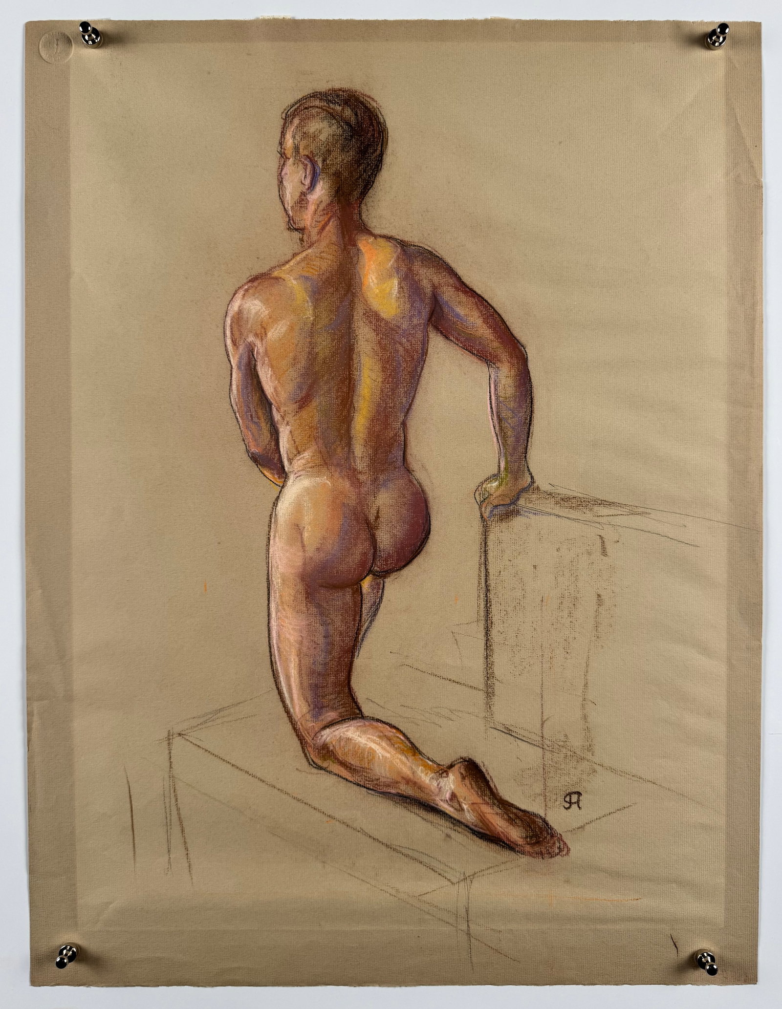Clyde Archibald Kneeling Male Nude Back Study Original Sanguine Pastel Figure Drawing on Paper (1 of 5)