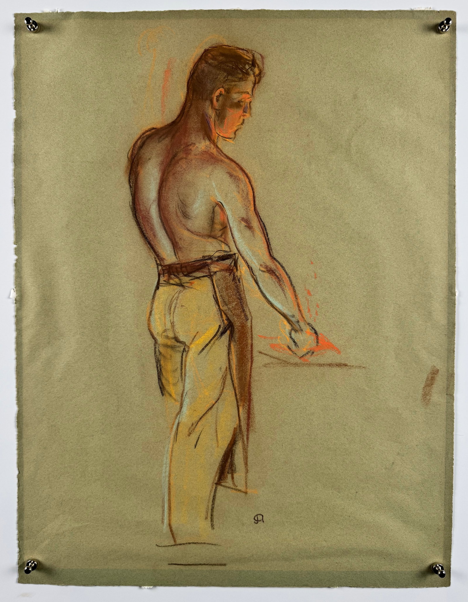 Clyde Archibald Blacksmith Workman Figure Study Original Sanguine Pastel Drawing: Clyde James Archibald (1903–1989) was an influential Pacific Northwest figure painter who explored the diverse personal character of his models through live studio classes. This evocative original p