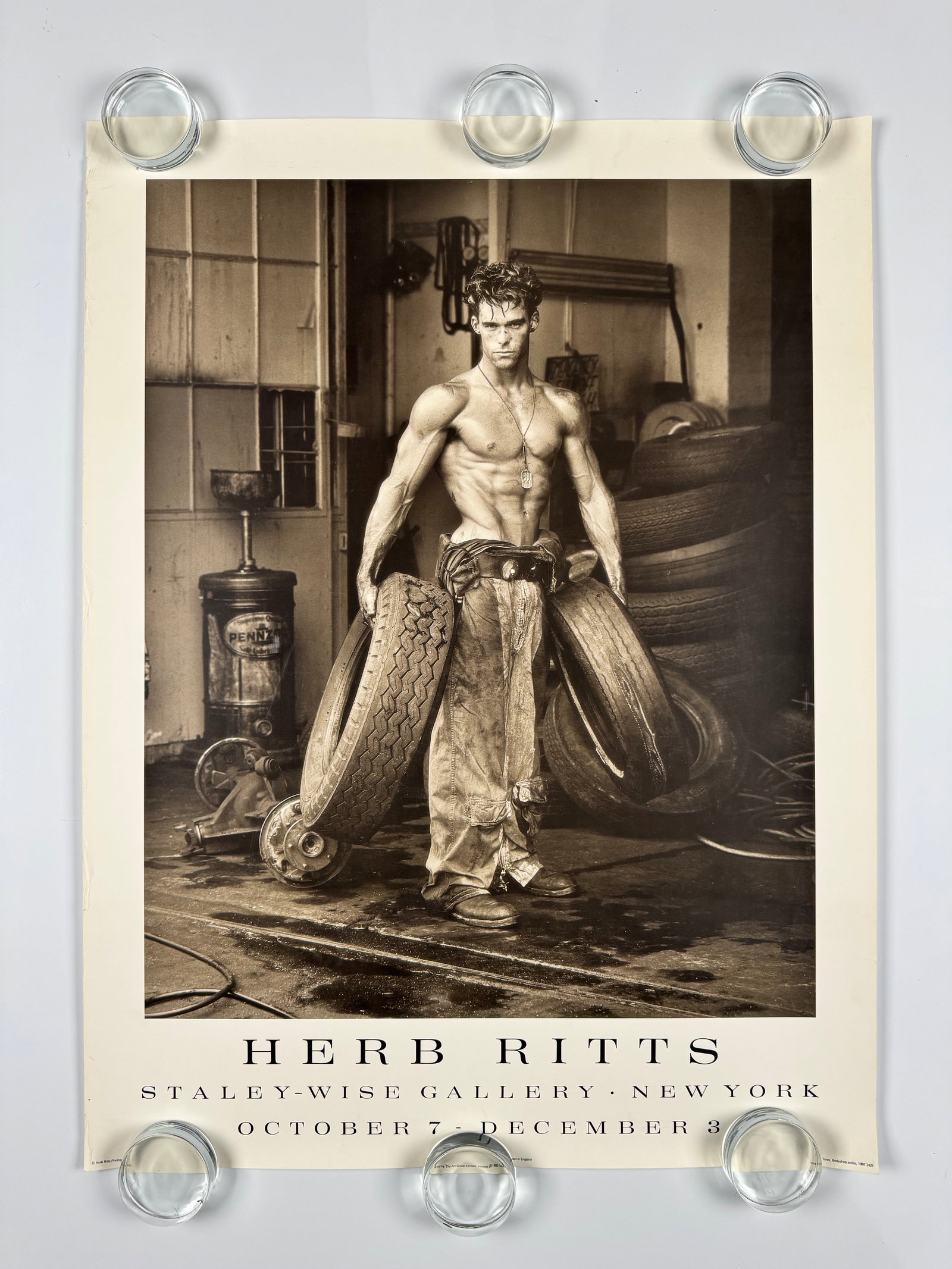 Herb Ritts Staley-Wise Gallery 1994 Gay Nude Male Interest Exhibition Poster New York: Original exhibition poster promoting Herb Ritts at Staley-Wise Gallery, New York. The exhibition was held October 7 through December 3, 1994. Features a black-and-white photograph by Herb Ritts with e