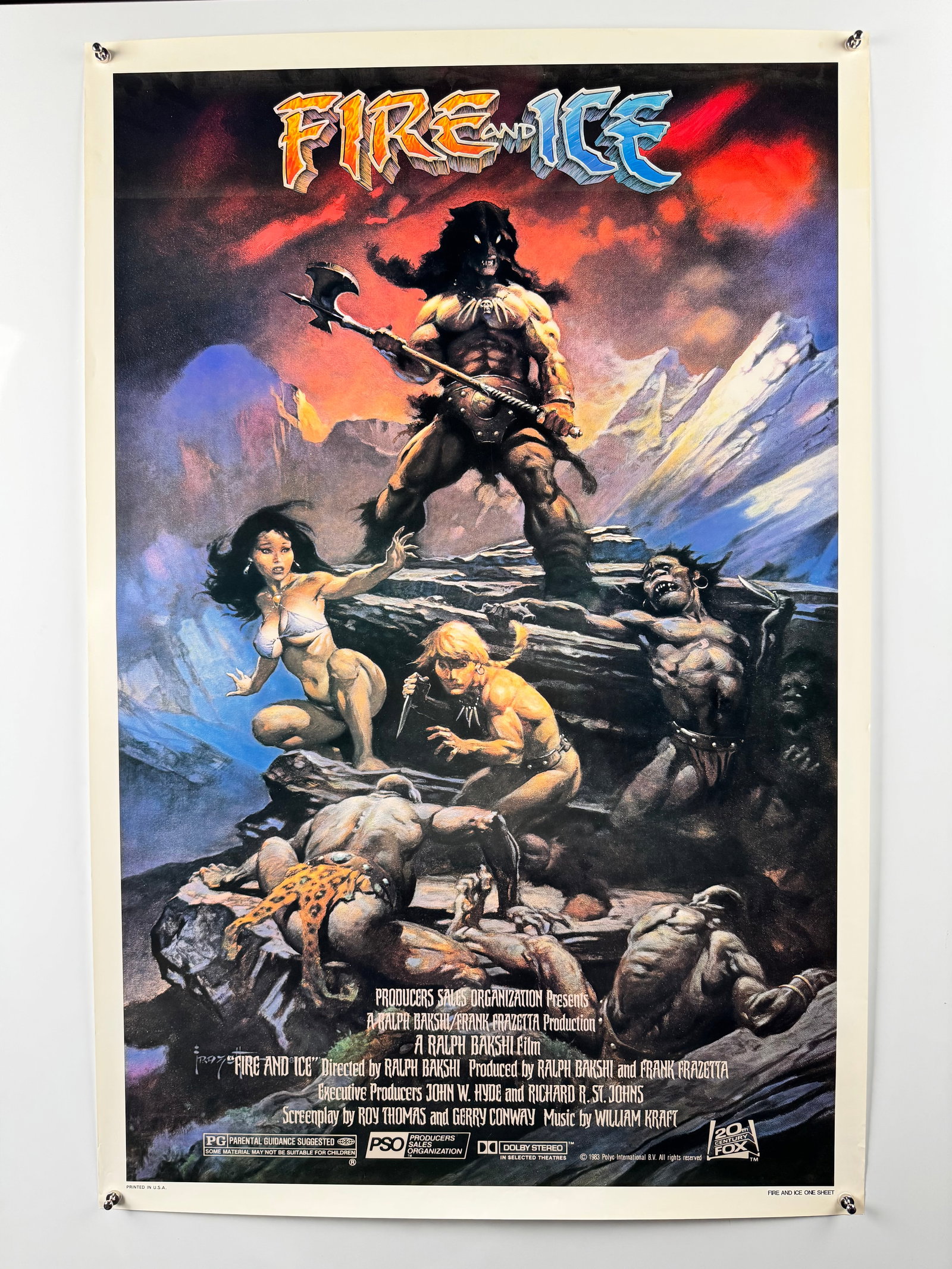 Fire and Ice 1983 Original One Sheet Movie Poster Frank Frazetta Ralph Bakshi Fantasy: Fire and Ice is a 1983 American animated dark fantasy film directed by Ralph Bakshi and co created with illustrator Frank Frazetta. The screenplay was written by Roy Thomas and Gerry Conway and distri