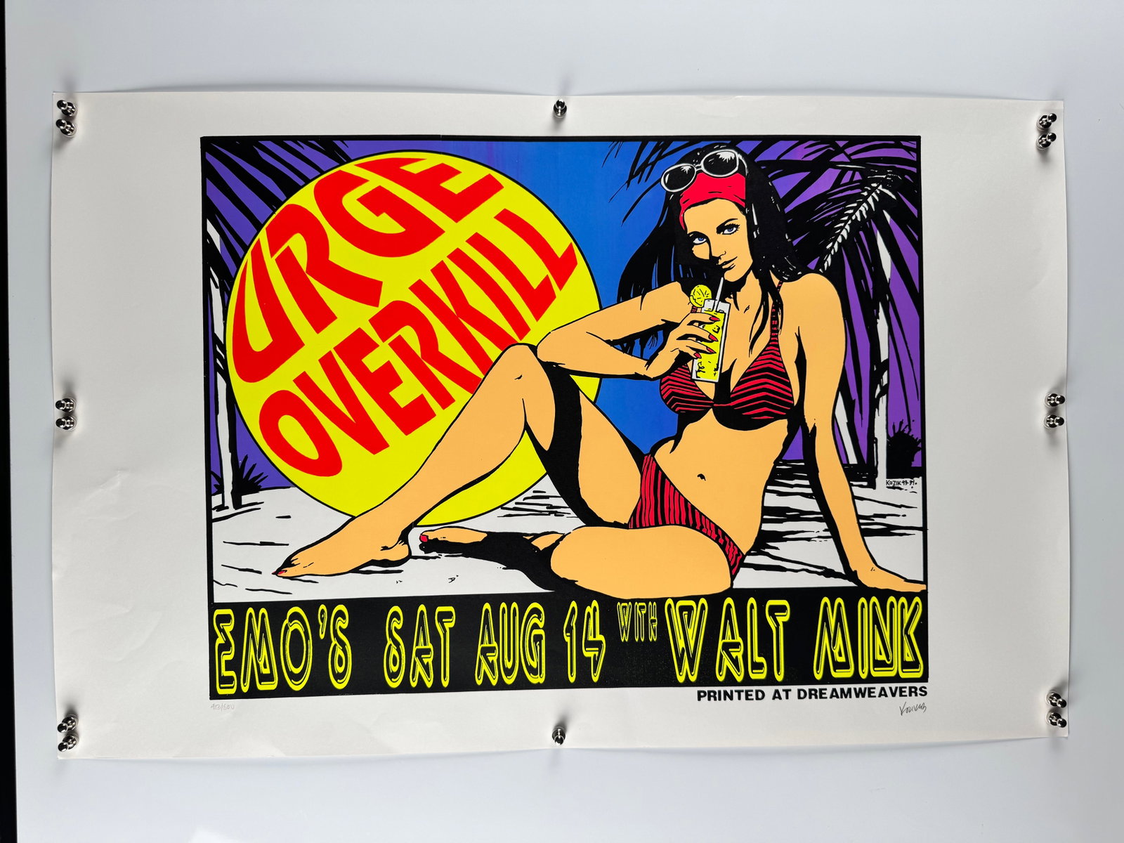 Urge Overkill Frank Kozik Emo's Austin TX Aug 12 1995 Concert Poster Dreamweavers: Frank Kozik (1962–2023) was an American graphic artist best known for his posters for alternative rock acts. This poster promotes Chicago alternative rock band Urge Overkill at Emo's in Austin, Texa