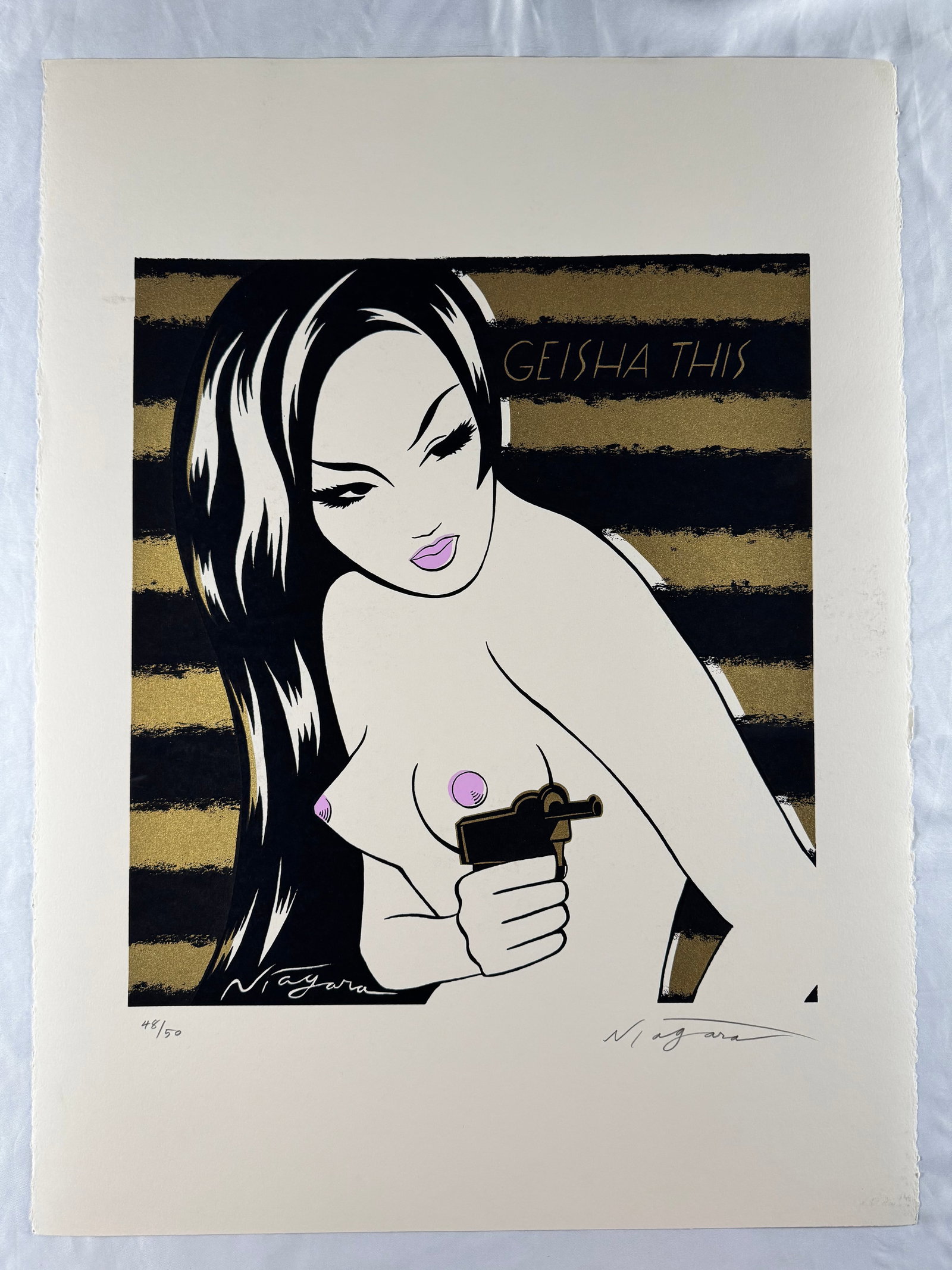 Niagara Geisha This 2006 Gold Variant Signed Numbered Serigraph Destroy All Monsters: Limited edition serigraph on paper titled Geisha This by Niagara, released in 2006. Features the artist's iconic femme fatale imagery with metallic gold horizontal striping and depicts a nude female f