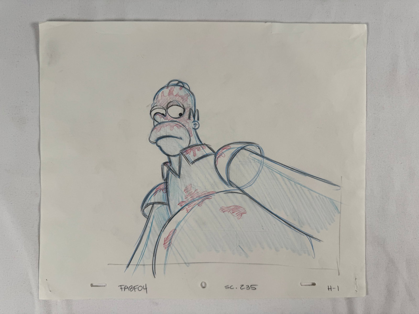 The Simpsons Homer Original Animation Production Pencil Drawing: Original production pencil drawing featuring Homer Simpson from The Simpsons. Hand-drawn animation artwork created during the production process. Please review all photographs carefully for condition.