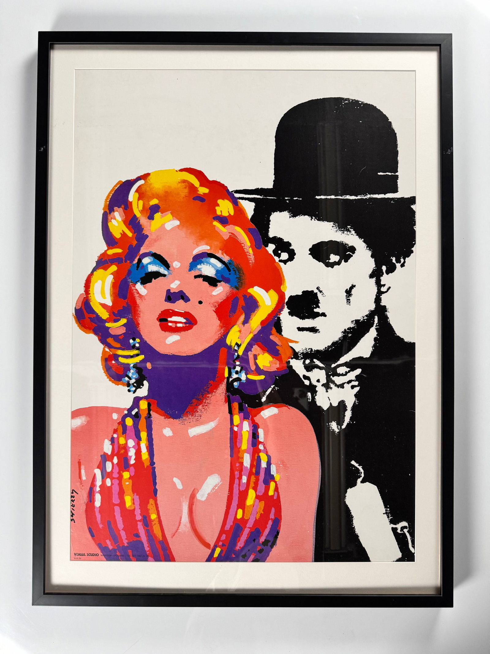 Waldemar Swierzy Marilyn Monroe Charlie Chaplin 1992 Original Polish Art Poster Framed 26x37": Waldemar Swierzy (Polish, 1931–2013) original 1992 Polish art poster featuring Marilyn Monroe and Charlie Chaplin. ?wierzy was a co-founder of the Polish School of Posters. Presented framed.