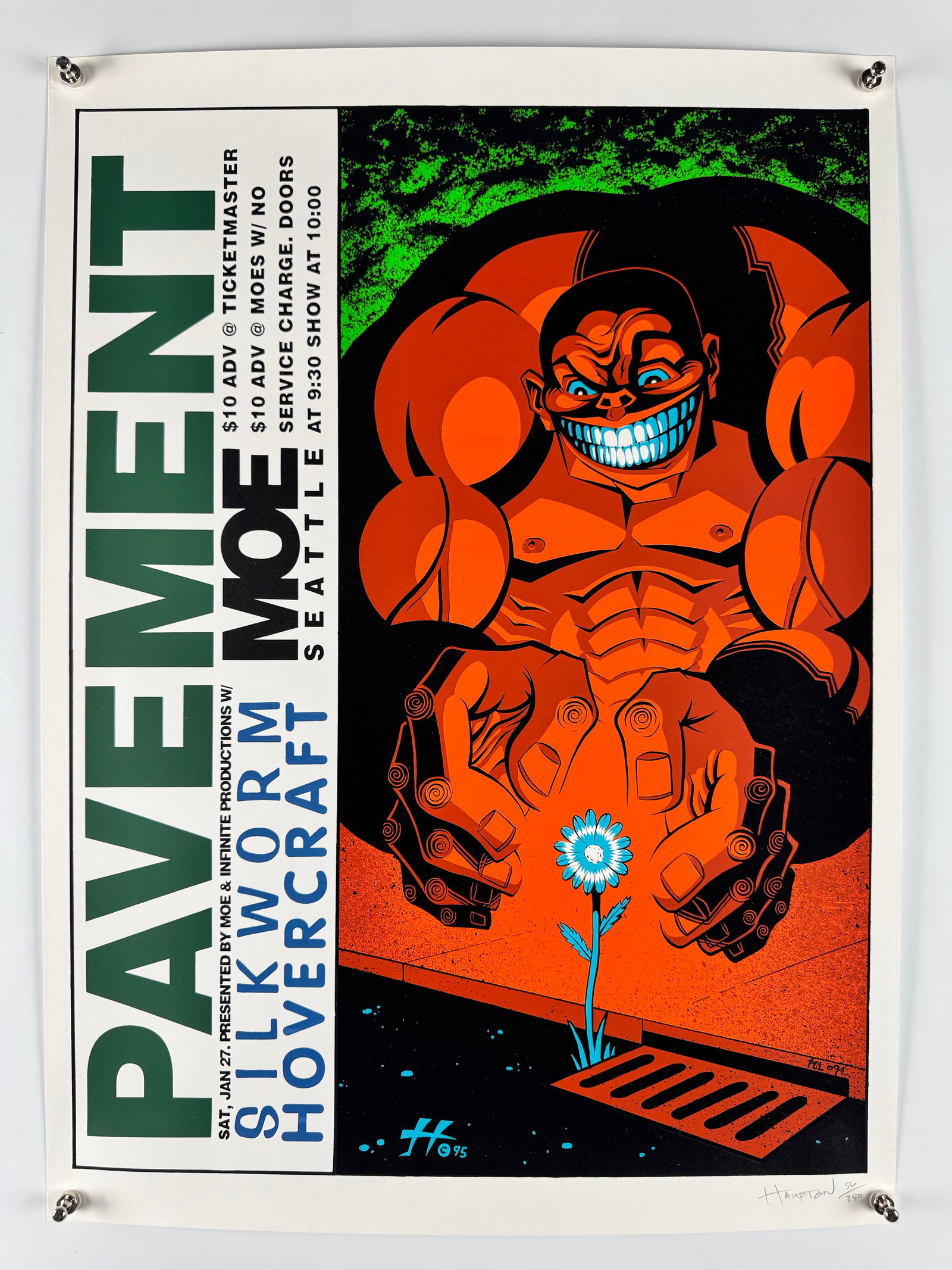 Pavement 1996 Original Concert Poster Moe Seattle Signed Justin Hampton Screenprint: Pavement was an American indie rock band formed in Stockton, California, in 1989, widely recognized as an influential alternative rock group of the 1990s. Justin Hampton is an American poster artist a