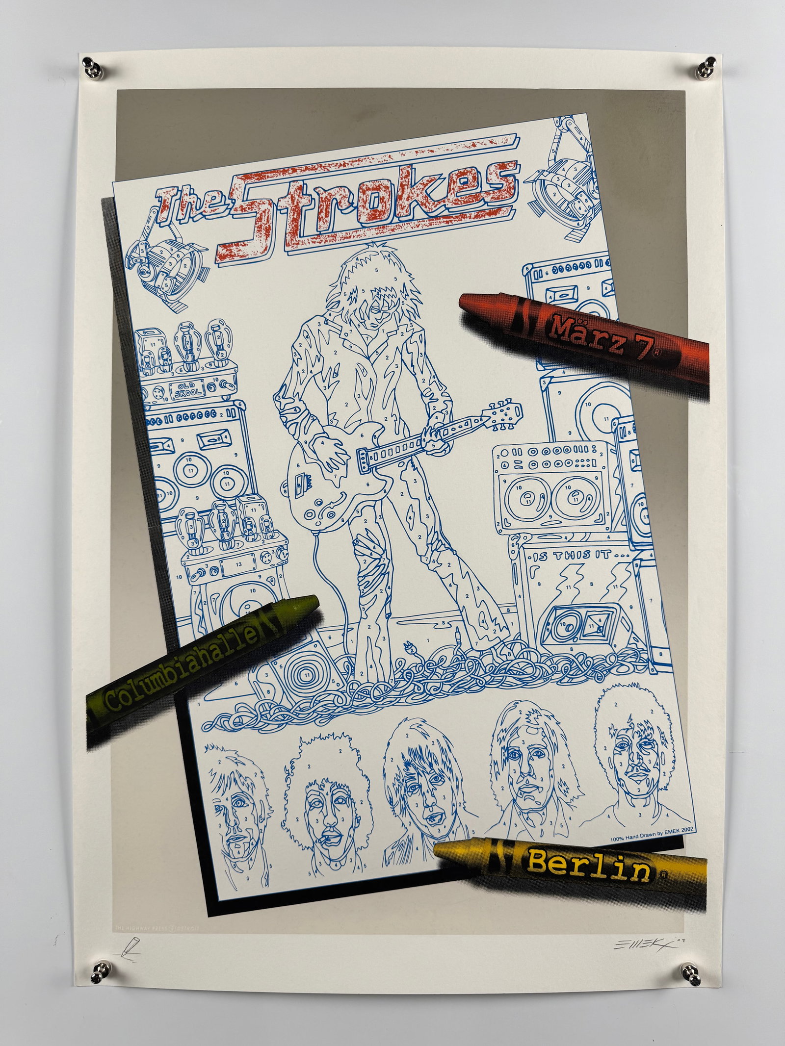The Strokes 2002 Original Concert Poster Columbiahalle Berlin Signed Emek Screenprint: The Strokes are an American rock band from New York City whose 2001 debut album Is This It helped spearhead the post-punk revival movement. Emek is a contemporary artist and printmaker known for his h