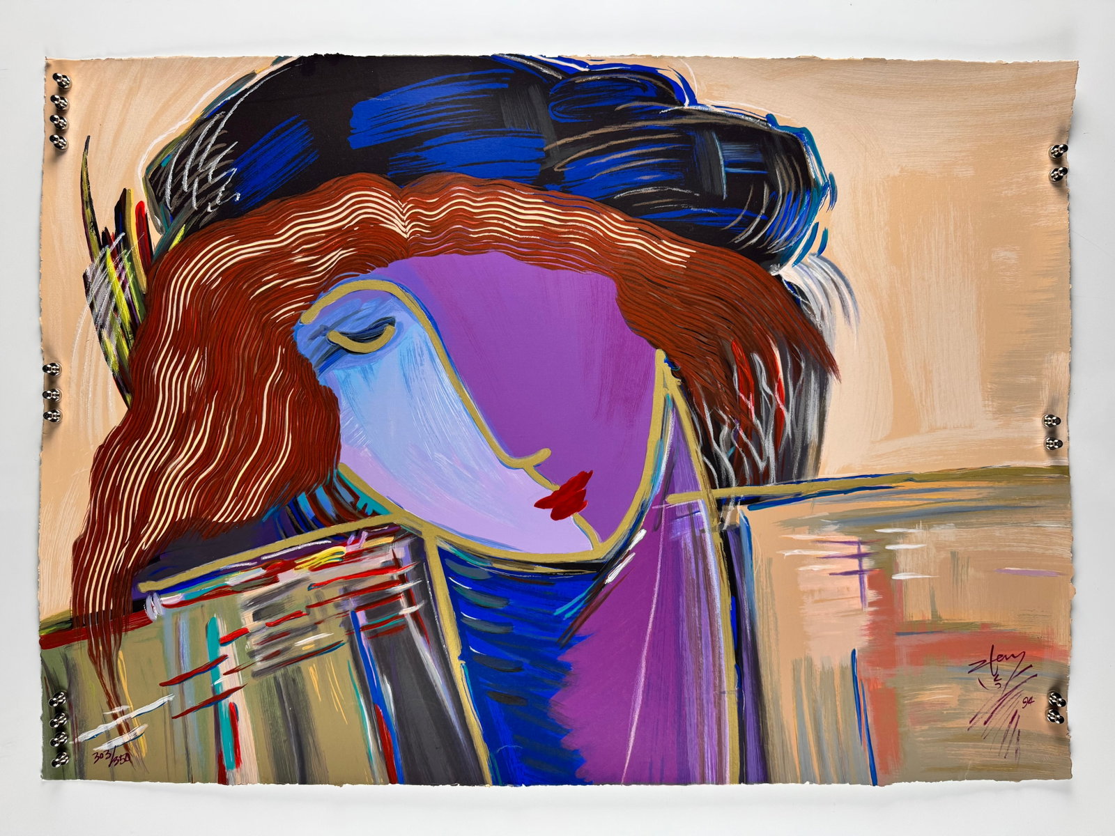 Lun Zen Original Mixed Media on Handmade Paper Signed Numbered Female Portrait: Lun Zen (Chinese, b. 1955). Original mixed media on handmade paper depicting an expressive female portrait rendered in vivid colors. Hand signed by the artist. The handmade paper has a richly textured
