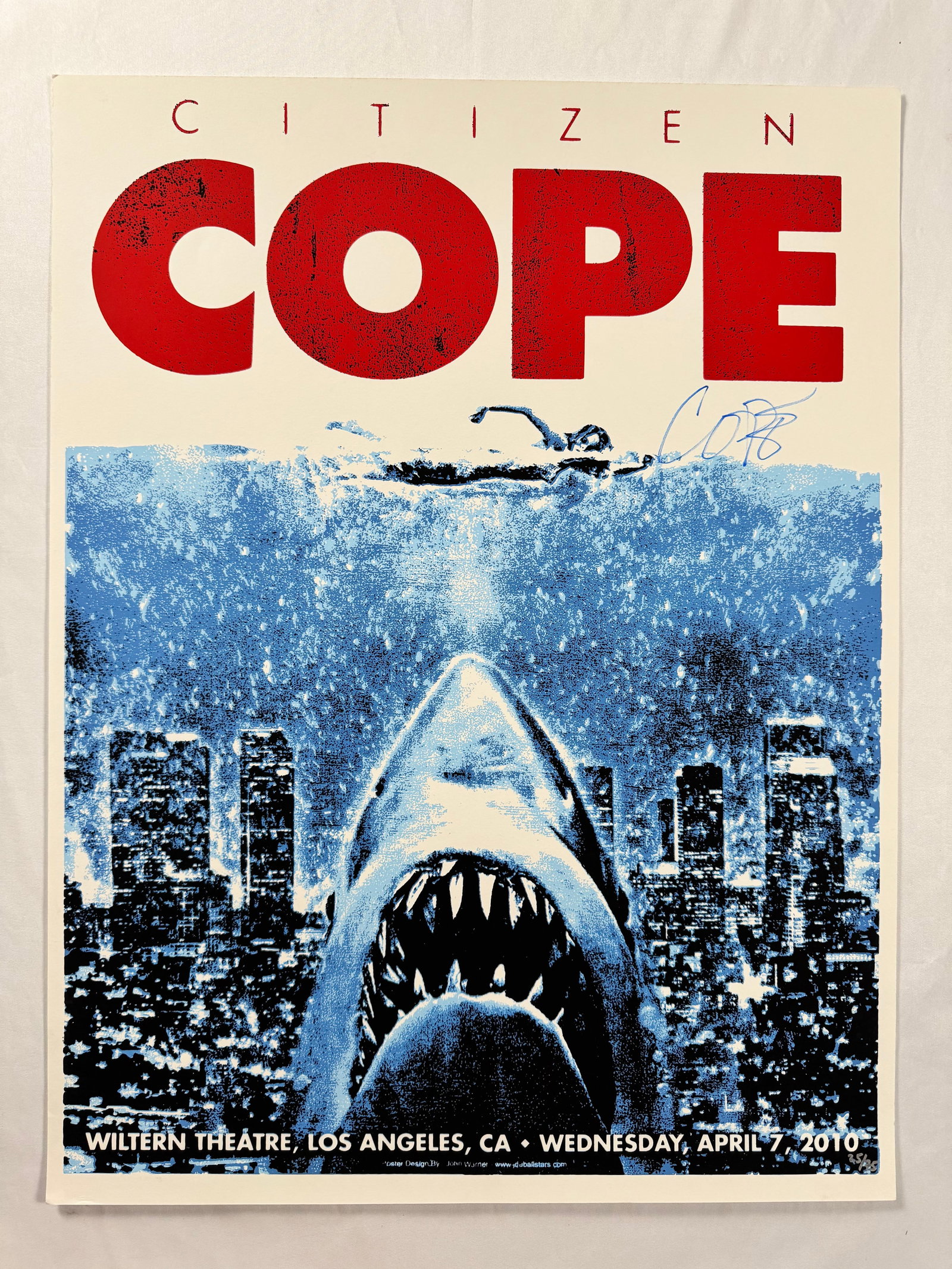 Citizen Cope Wiltern Los Angeles Concert Poster 2010 Signed Numbered 25/75 JAWS Art: Original 2010 Citizen Cope concert poster for the Wiltern Theatre in Los Angeles featuring artwork by JAWS. Hand-signed and numbered 25/75. Commemorates the performance by Clarence Greenwood, better k