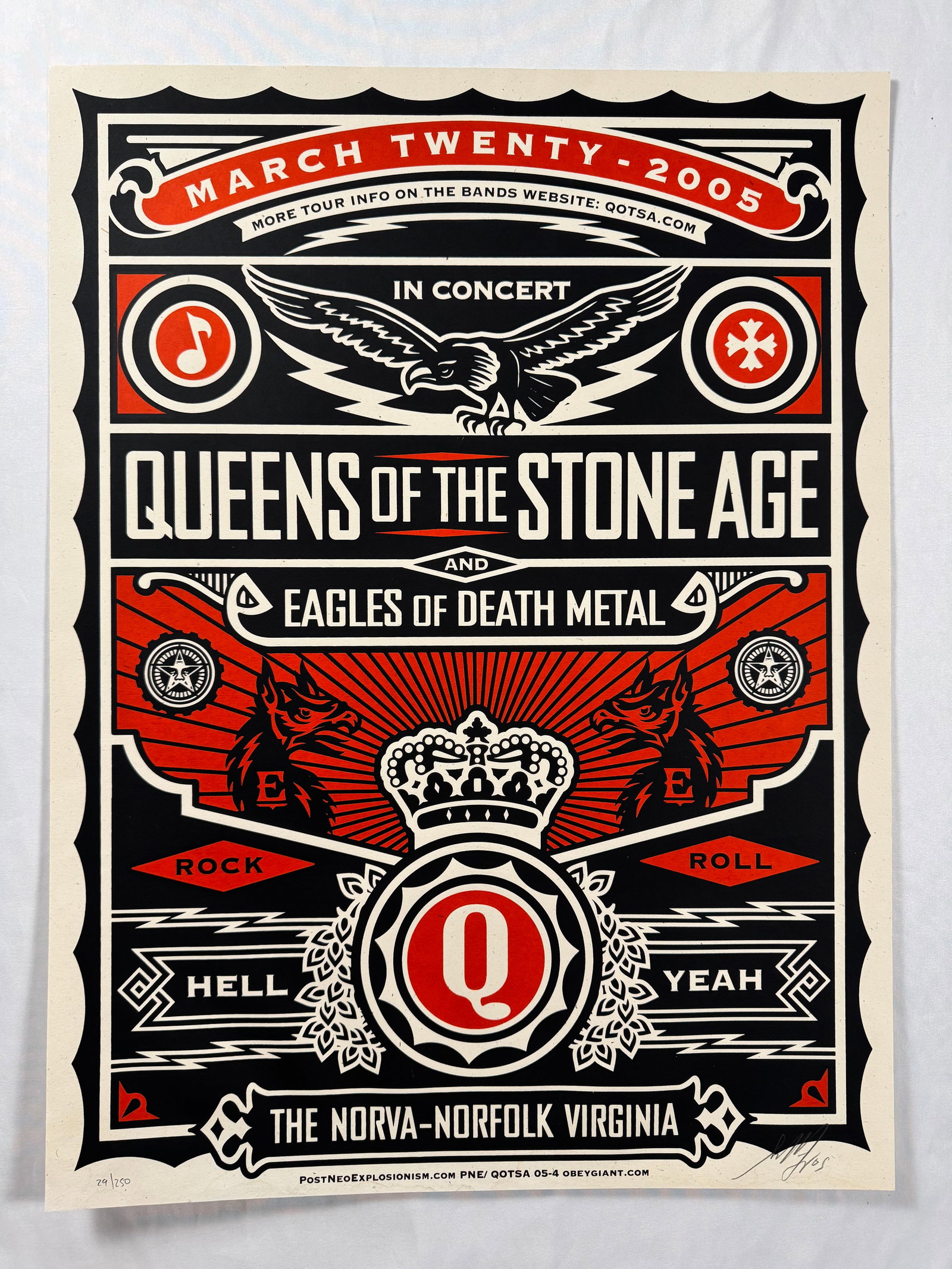 Queens of the Stone Age Norfolk Virginia Concert Poster Signed Shepard Fairey Numbered 29/250: Queens of the Stone Age limited edition concert poster for Norfolk, Virginia featuring artwork by Shepard Fairey. Hand-signed by the artist and numbered 29/250. Measures approximately 18 x 24 inches. 