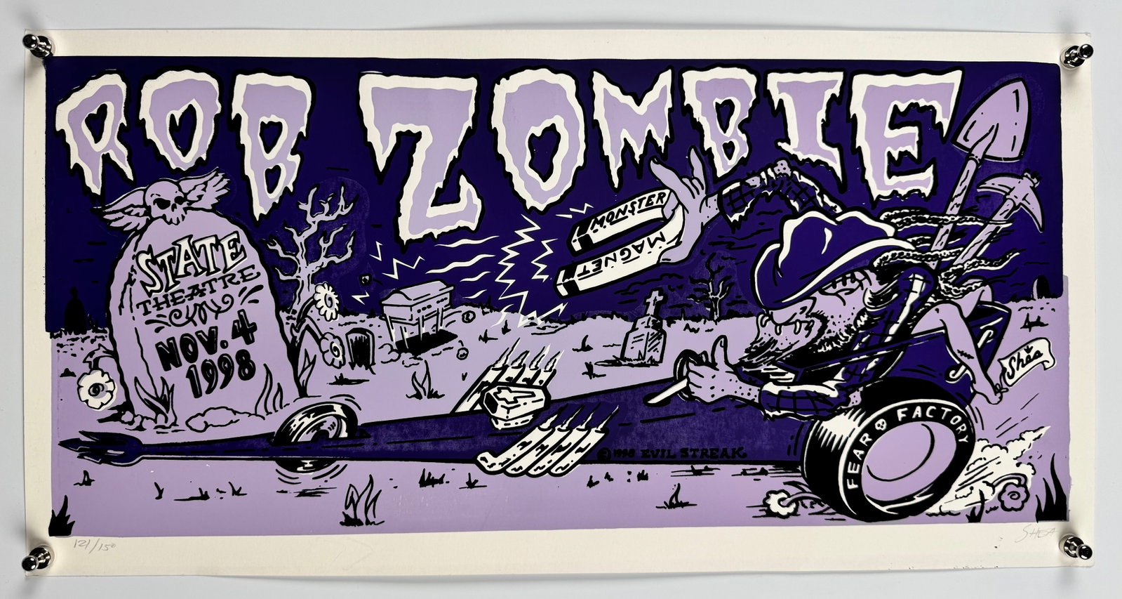 Rob Zombie Fear Factory Majestic Theatre Detroit 1998 Concert Poster Signed Shea Numbered 25/125: Original concert poster for Rob Zombie with Fear Factory at the Majestic Theatre in Detroit on November 4, 1998. Features artwork by Shea depicting a gravedigger driving a hearse marked "Rob Zombie" w