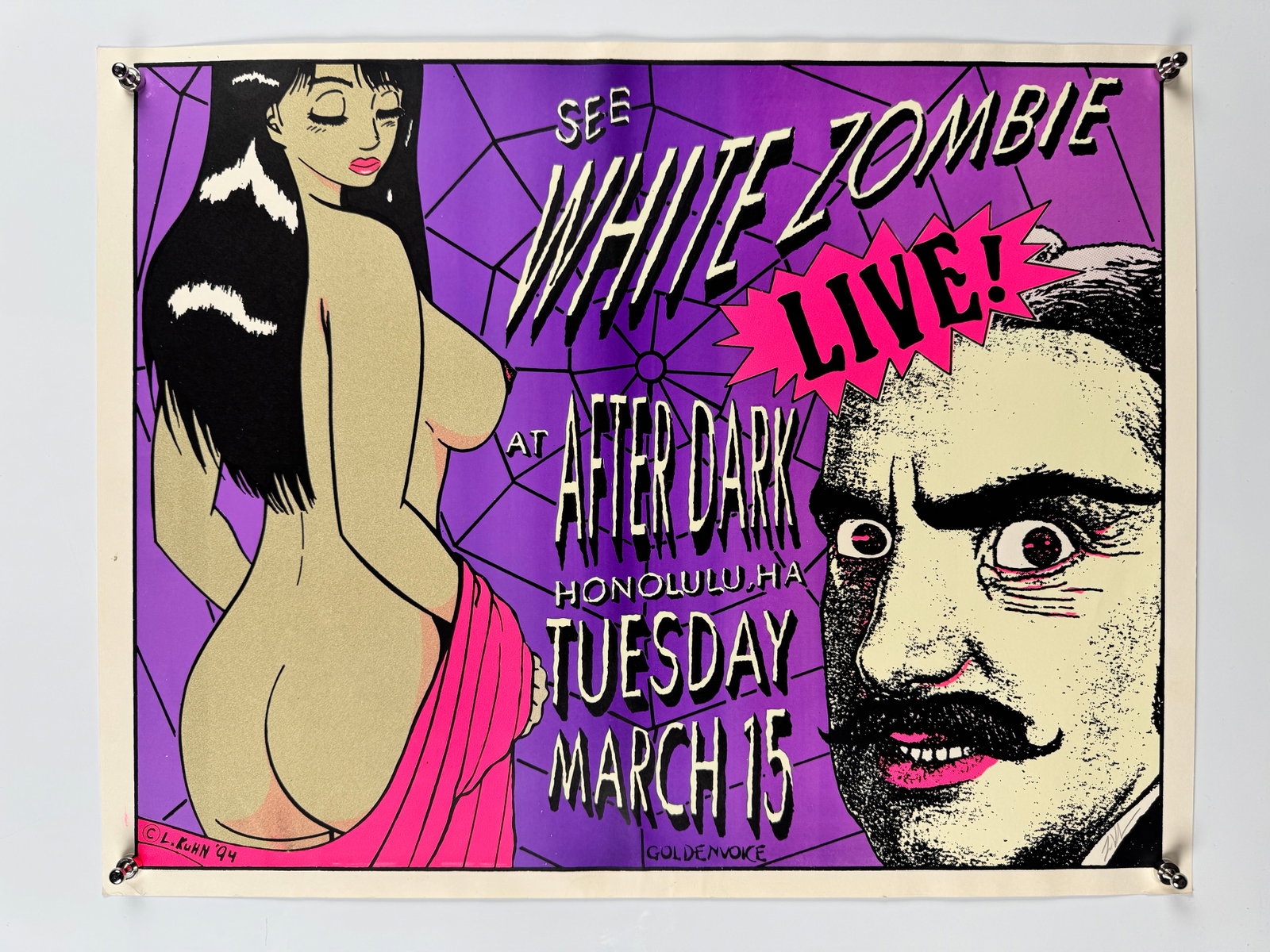 White Zombie After Dark Honolulu Hawaii 1994 Concert Poster Signed L. Kuhn Goldenvoice Production: Original concert poster for White Zombie at After Dark in Honolulu, Hawaii on March 15, 1994. Produced for Goldenvoice with artwork signed L. Kuhn. Shows toning, creasing, handling wear and minor edge