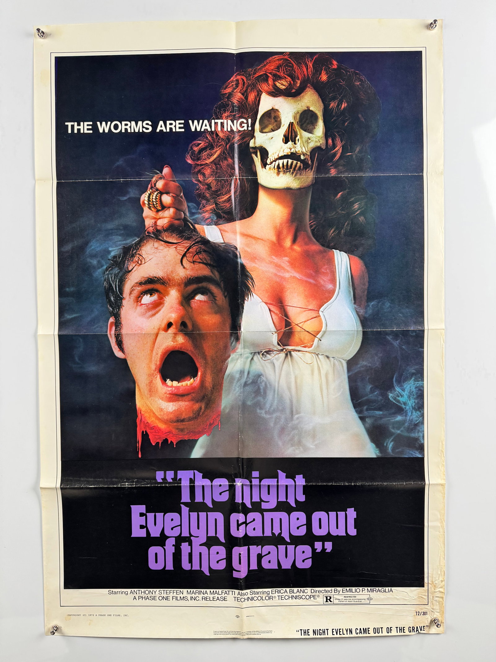 The Night Evelyn Came Out of the Grave 1971 Original US 1 One Sheet Movie Poster Italian Giallo: The 1971 Italian giallo horror film was directed by Emilio Miraglia. Produced during the height of the Italian thriller cycle, the production features an orchestral score composed by Bruno Nicolai and