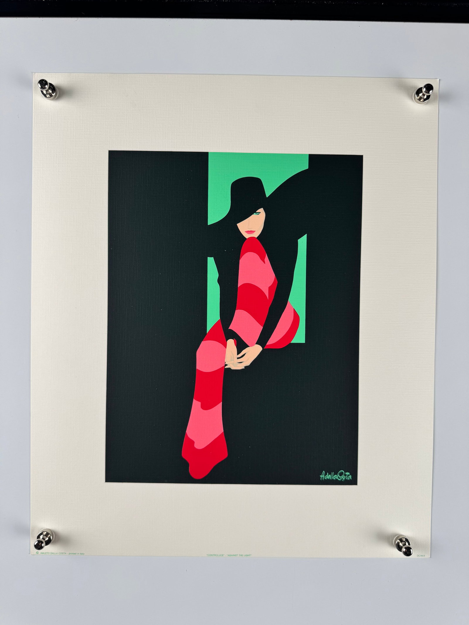 Amleto Dalla Costa Controluce Against The Light Vintage Italian Serigraph Art Print 12.5"x15" Woman: Amleto Dalla Costa is an Italian artist born in Milan in 1929. Known for his stylized, elegant depictions of women influenced by fashion illustration, his screenprints and serigraphs were widely publi