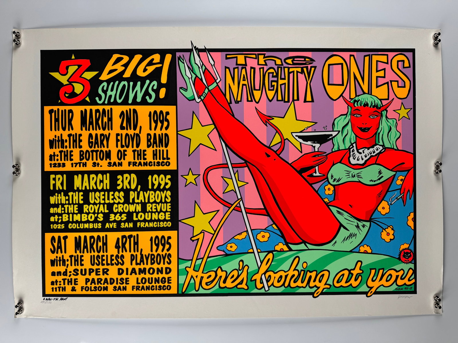 The Naughty Ones Frank Kozik 3 Big Shows San Francisco March 1995 Concert Poster Wackyland: Frank Kozik (1962–2023) was an American graphic artist best known for his posters for alternative rock acts. This poster advertises three March 1995 San Francisco shows headlined by The Naughty Ones